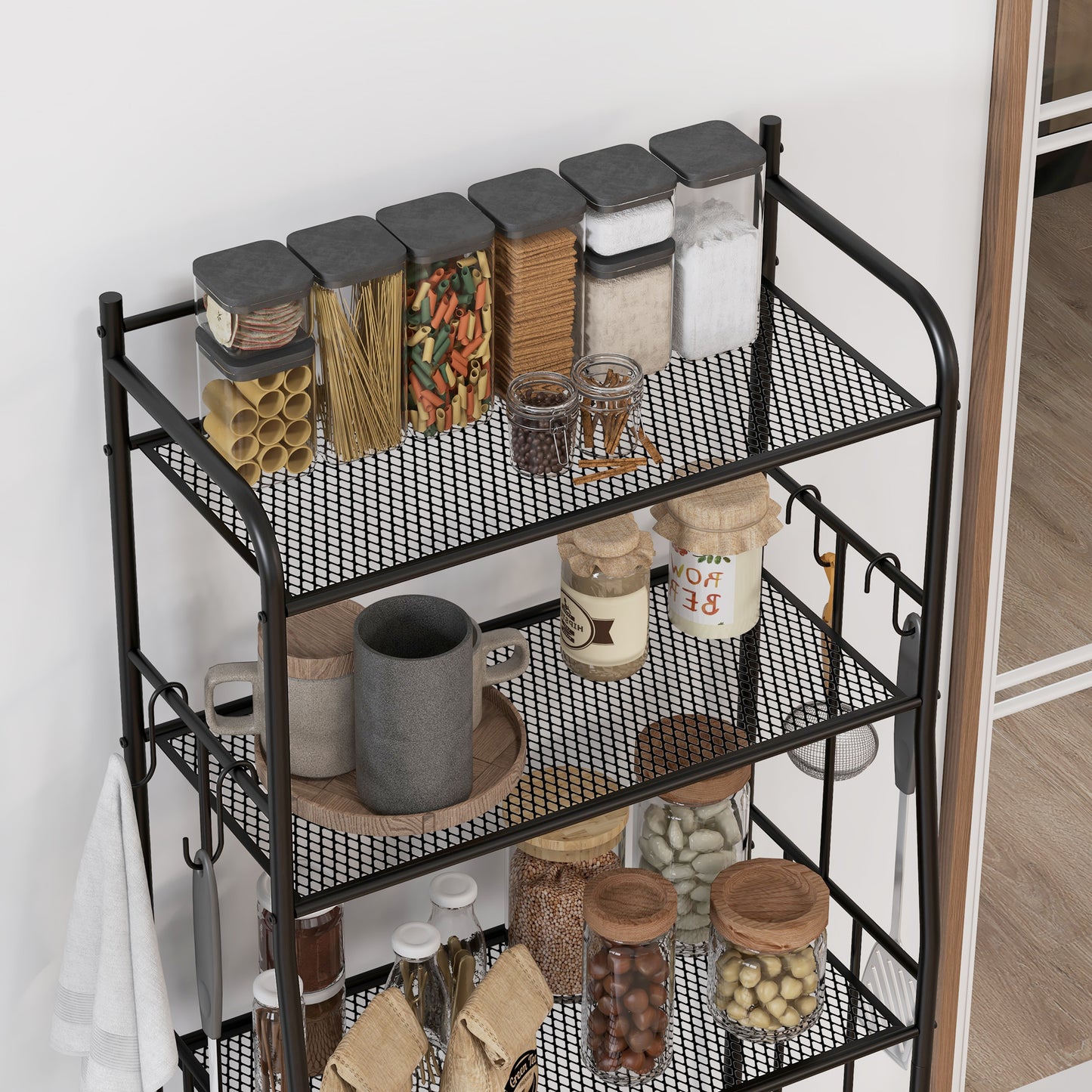 5-Tier Kitchen Storage Unit, Microwave Stand w/ 5 Mesh Open Shelves & 4 Hooks, Modern Coffee Bar Station w/ Steel Frame for Home | HOMCOM-6