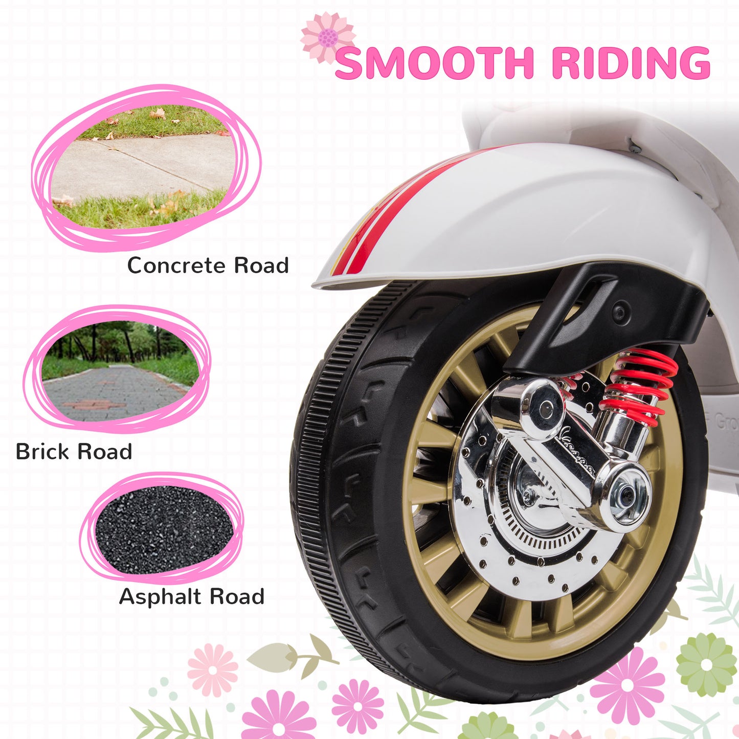 AIYAPLAY 12V Vespa Licensed Kids Electric Scooter Motorbike with Music, Headlights, FM Radio, for 3-6 Years in White-5