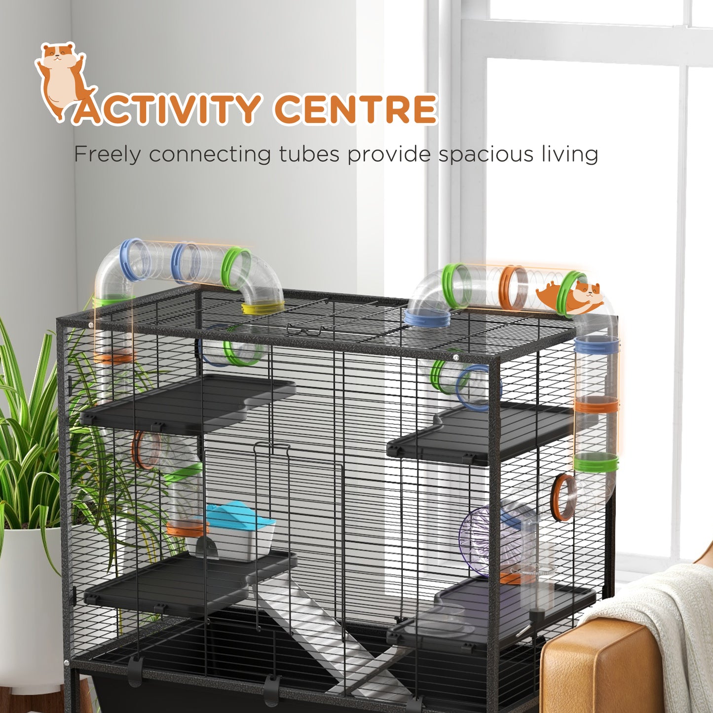 Large Hamster Cage Gerbil Cage with Tubes, Storage Shelf, Ramps, Platforms, Running Wheel - Black by PawHut-2