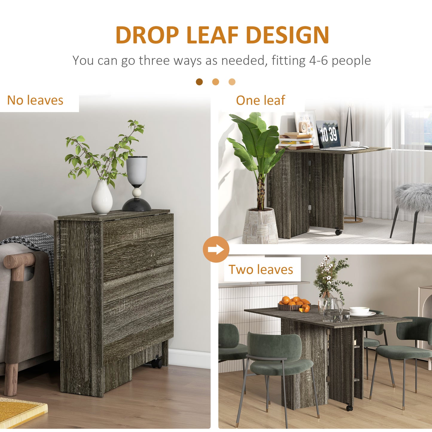 Grey Folding Kitchen Table with 2-tier Shelves, Rolling Casters, Drop Leaf Dining Table for Small Spaces | HOMCOM-2