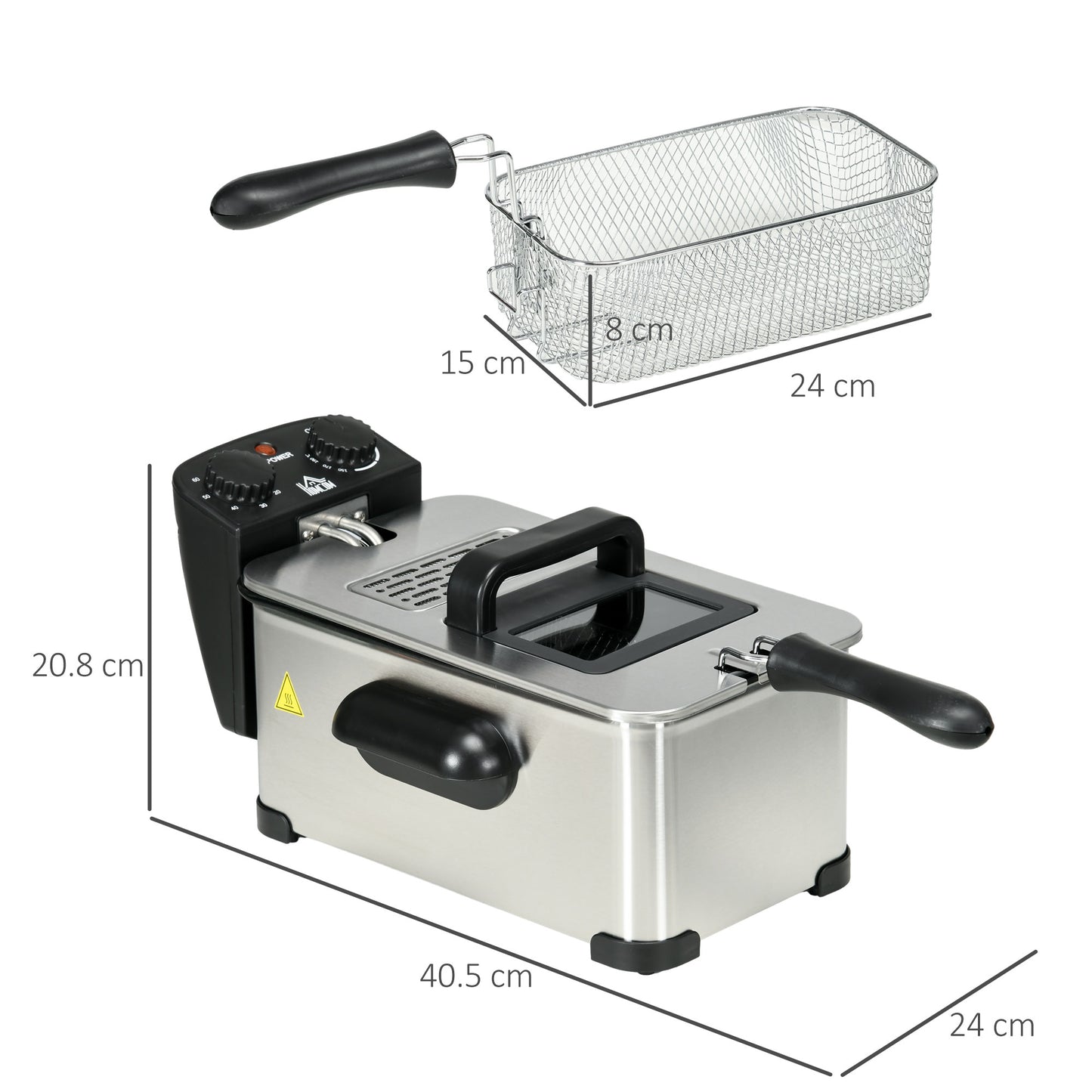 3 Litre Stainless Steel Deep Fat Fryer with Adjustable Temp, 60min Timer, Viewing Window and Safety Cut Out, 2000W | HOMCOM-1