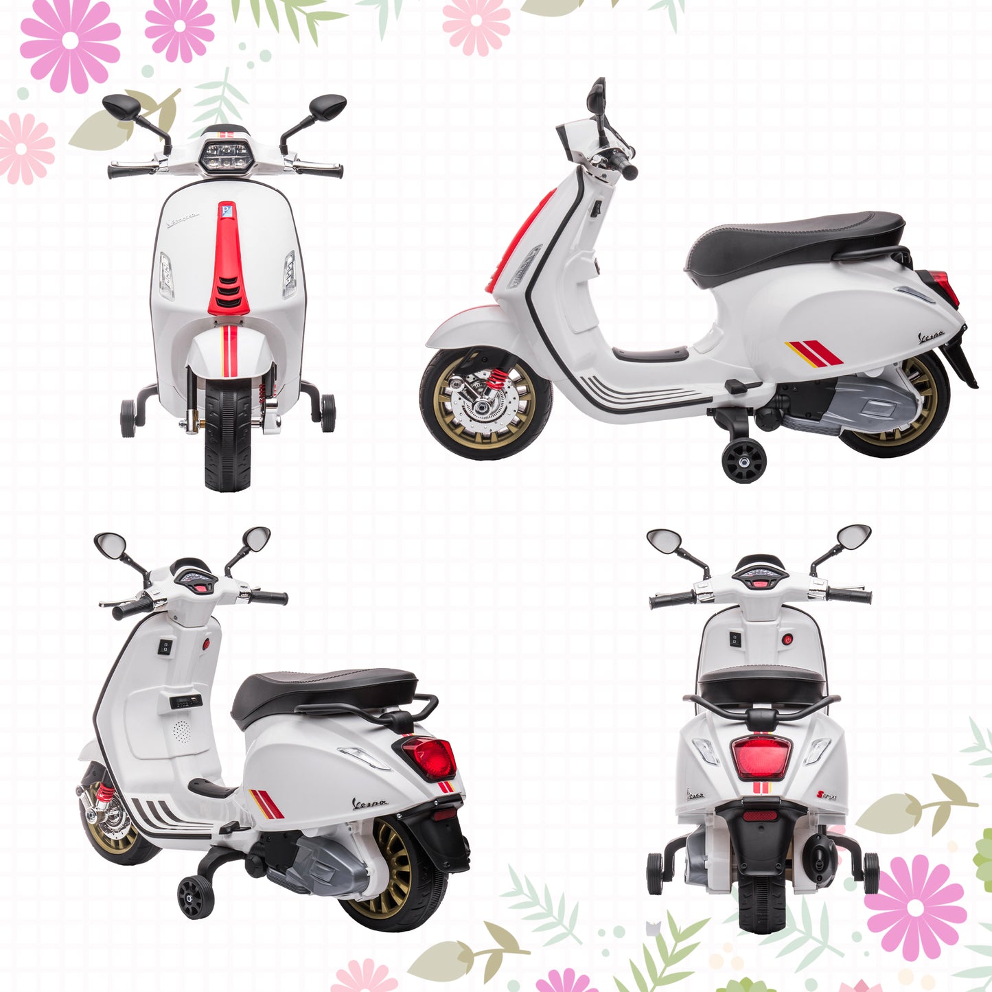 AIYAPLAY 12V Vespa Licensed Kids Electric Scooter Motorbike with Music, Headlights, FM Radio, for 3-6 Years in White-6