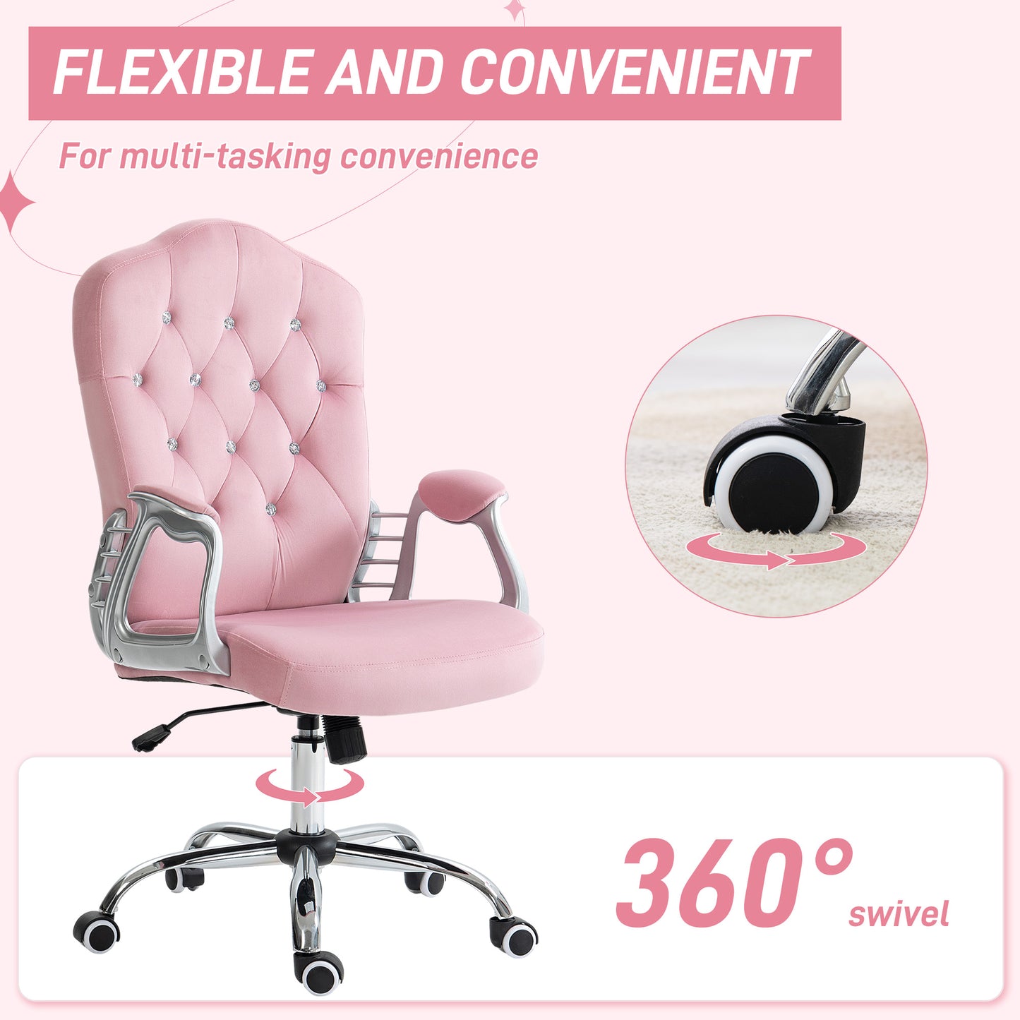 Vinsetto Computer Home Office Chair with 360 Degree Swivel Wheels, Adjustable Height, Tilt Function in Pink-4