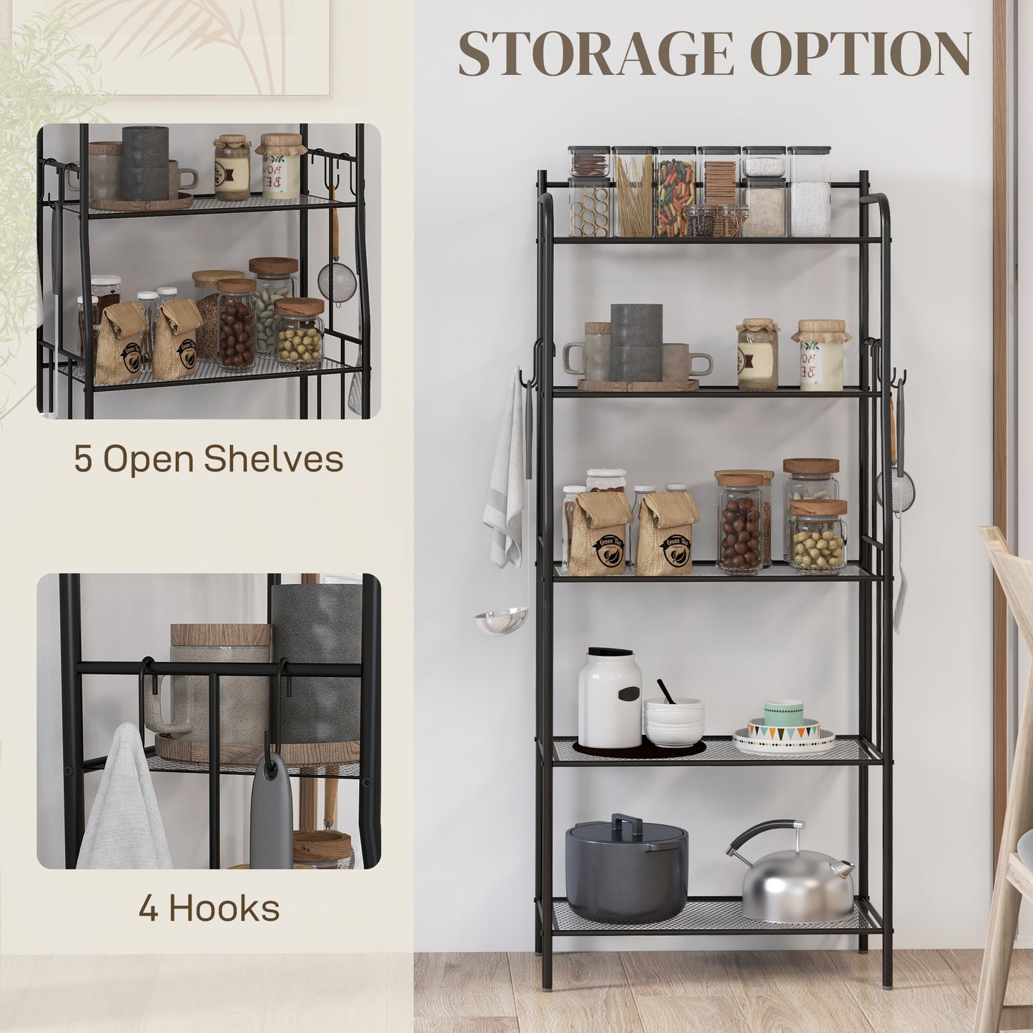 5-Tier Kitchen Storage Unit, Microwave Stand w/ 5 Mesh Open Shelves & 4 Hooks, Modern Coffee Bar Station w/ Steel Frame for Home | HOMCOM-2