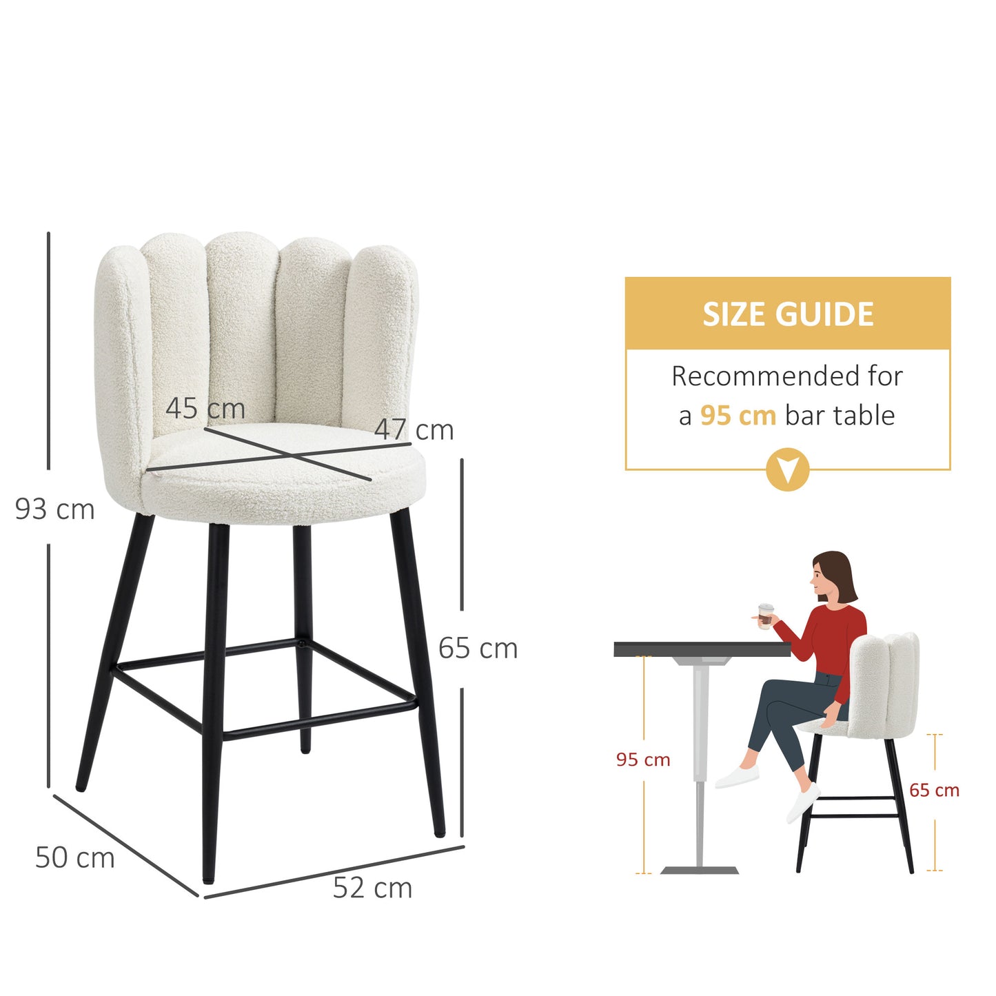 Bar Stools Set of 2, Faux Cashmere Upholstered Breakfast Bar Chairs, Modern Counter Bar Stool w/ Backs, Footrest & Steel Base, Cream | HOMCOM-1