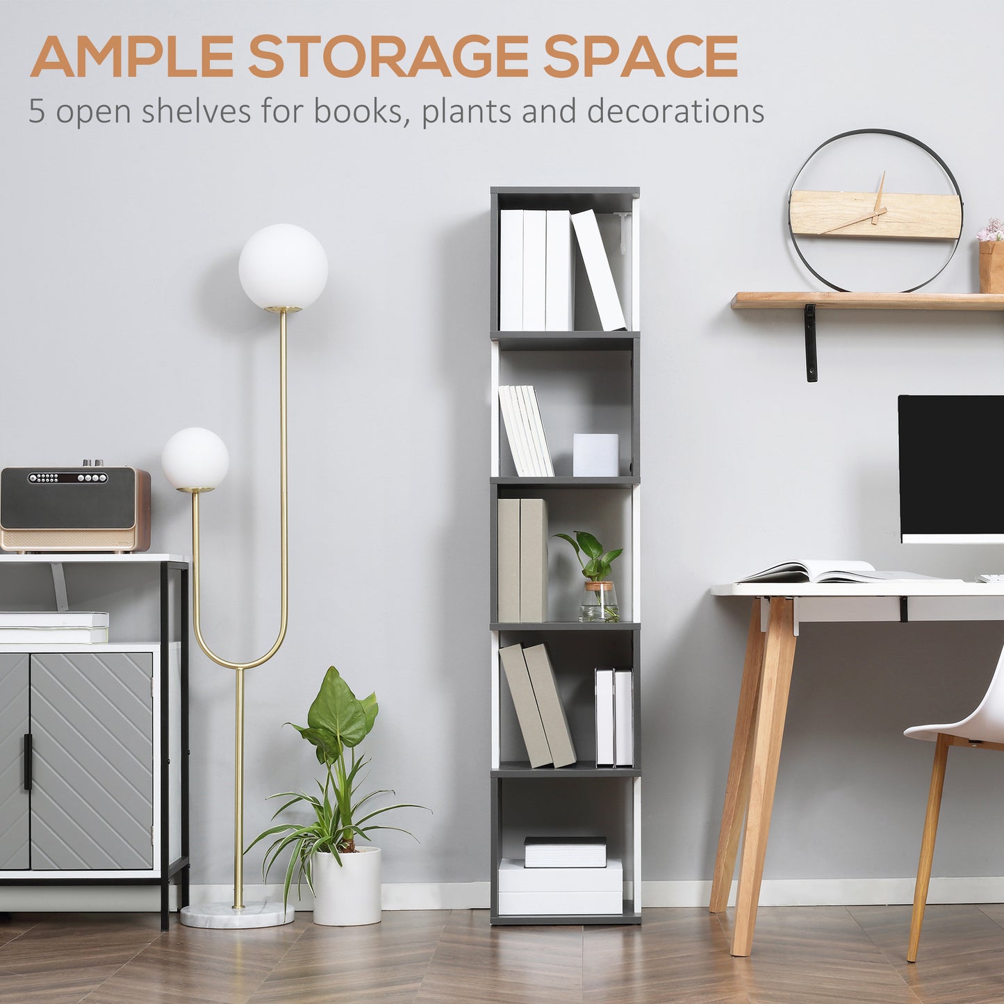 HOMCOM Modern 5-Tier Bookshelf, Freestanding Bookcase Storage Shelving for Living Room Home Office Study in Dark Grey-3