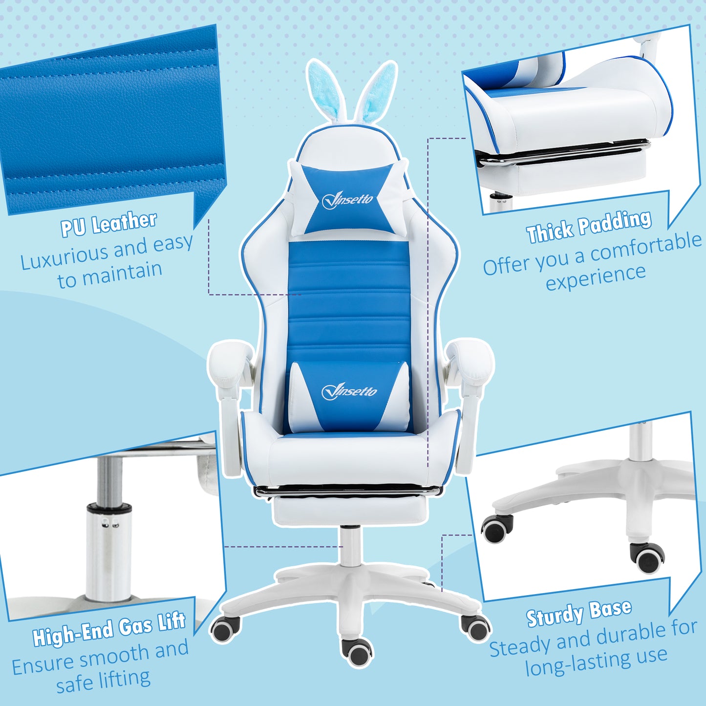 Vinsetto Racing Computer Gaming Chair, Reclining PU Leather Chair with Removable Rabbit Ears, Footrest and Lumber Support in Blue-6