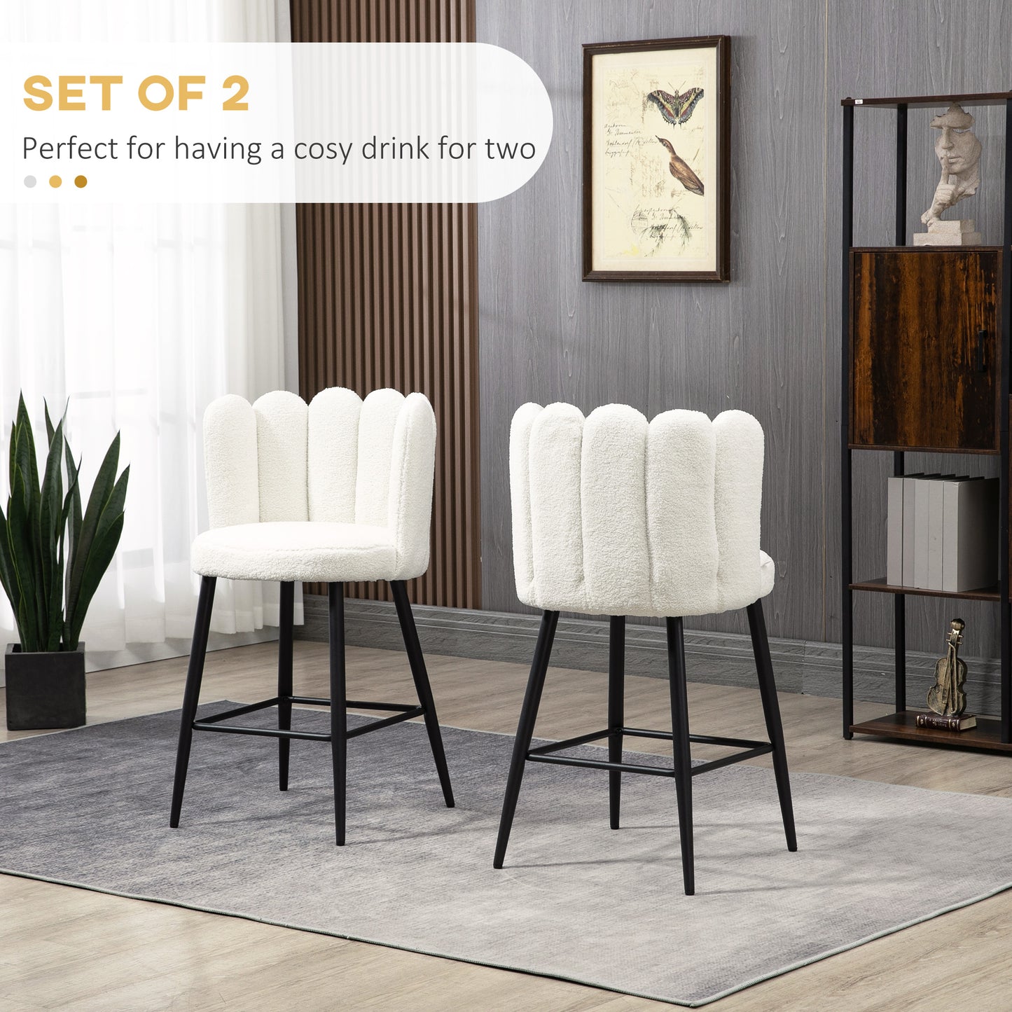 Bar Stools Set of 2, Faux Cashmere Upholstered Breakfast Bar Chairs, Modern Counter Bar Stool w/ Backs, Footrest & Steel Base, Cream | HOMCOM-2