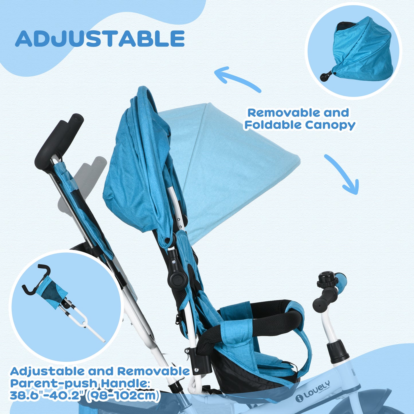 4 in 1 Kids Trike Push Bike w/ Push Handle, Canopy, 5-point Safety Belt, Storage, Footrest, Brake, for 1-5 Years, Blue | HOMCOM-3