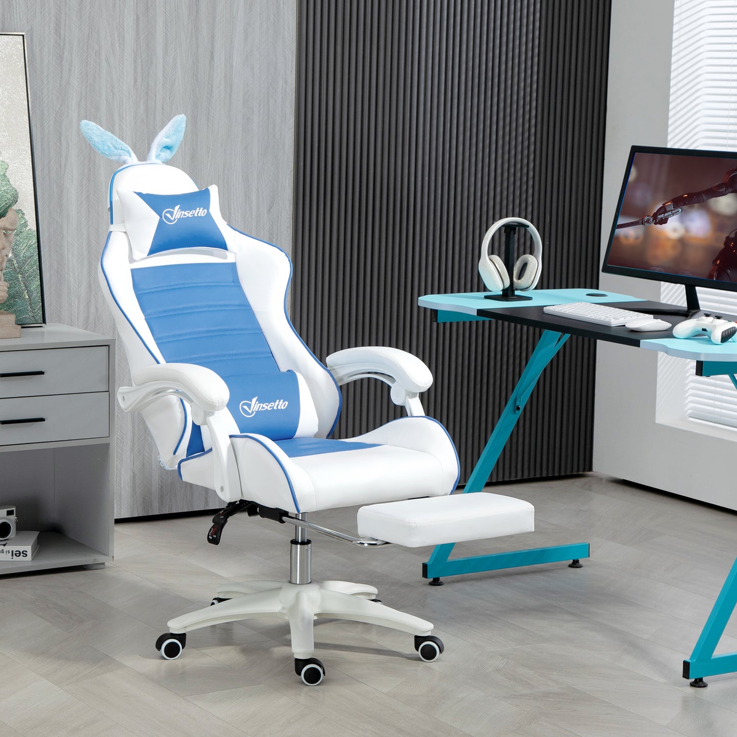 Vinsetto Racing Computer Gaming Chair, Reclining PU Leather Chair with Removable Rabbit Ears, Footrest and Lumber Support in Blue-8