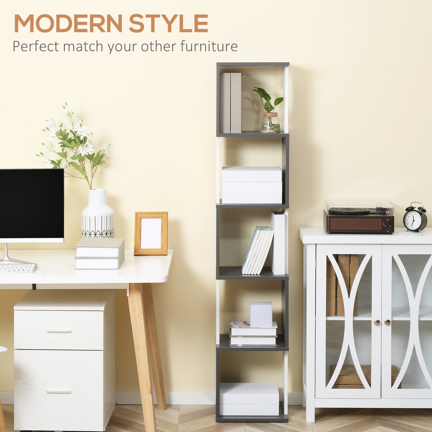 HOMCOM Modern 5-Tier Bookshelf, Freestanding Bookcase Storage Shelving for Living Room Home Office Study in Dark Grey-2