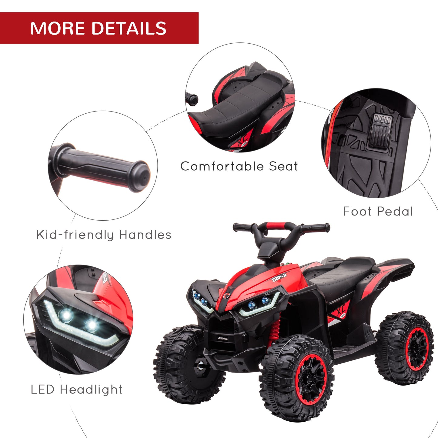 12V Ride-On Quad Bike w/ Music, Horn, for Ages 3-5 Years - Red | HOMCOM-5