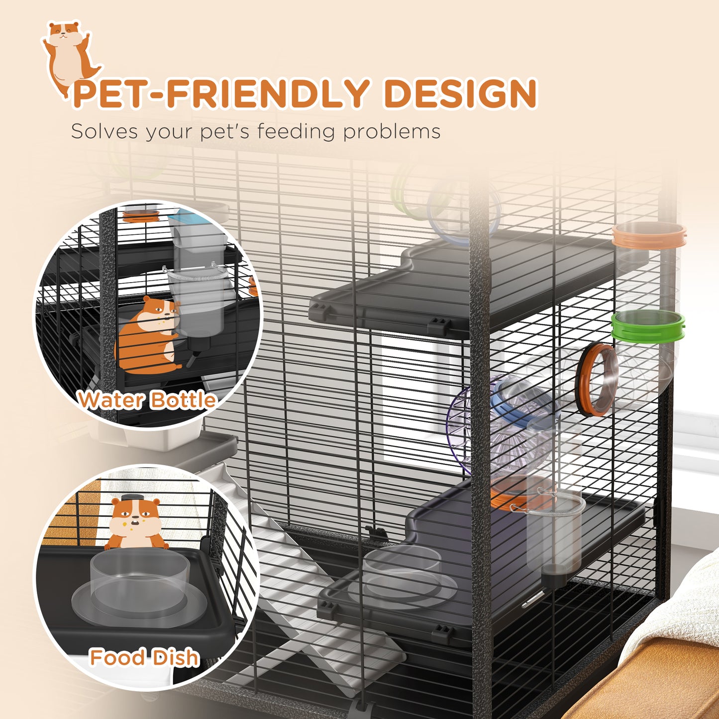 Large Hamster Cage Gerbil Cage with Tubes, Storage Shelf, Ramps, Platforms, Running Wheel - Black by PawHut-5