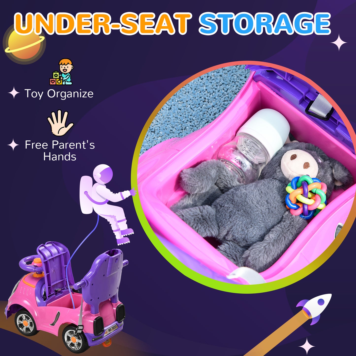 AIYAPLAY 3 in 1 Ride on Push Car, Cartoon Robot Theme Foot to Floor Slider with Handle Light Music Horn, Storage in Pink-6