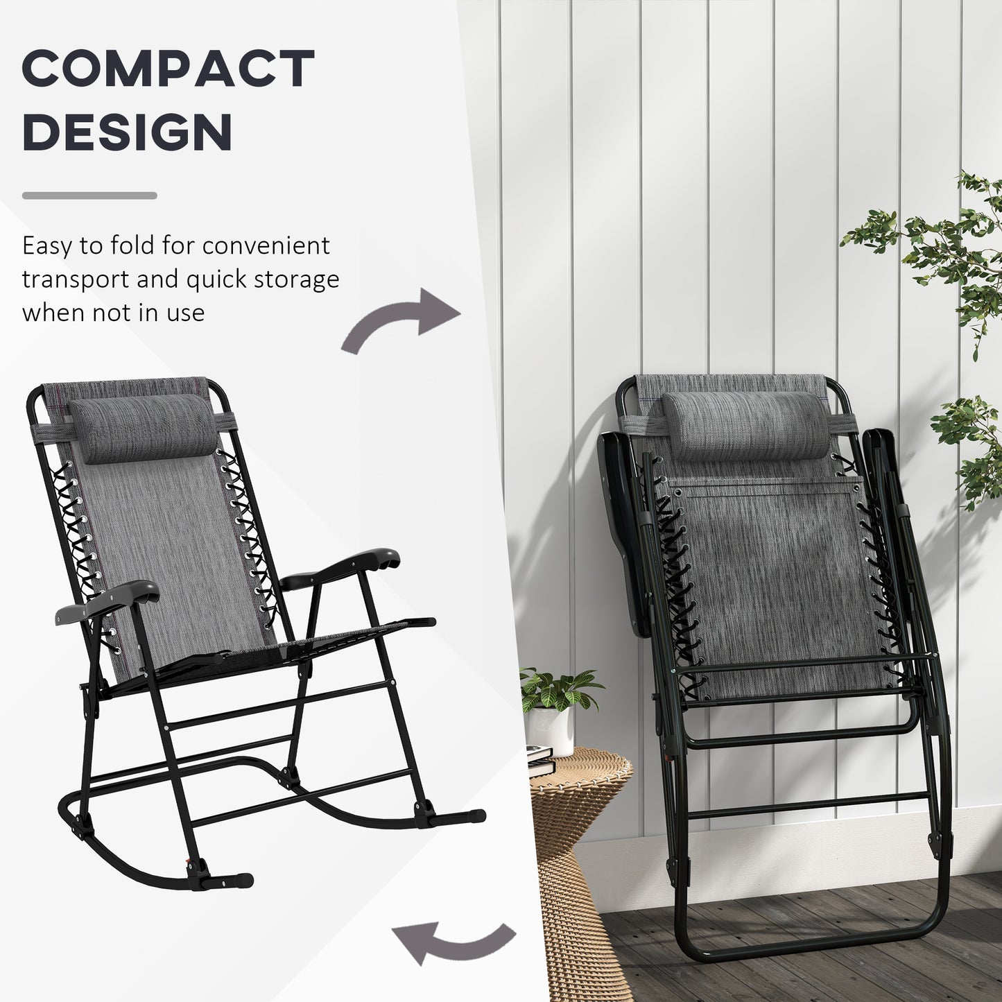 Folding Rocking Chair Outdoor Portable Zero Gravity Chair with Headrest in Grey | Outsunny-2