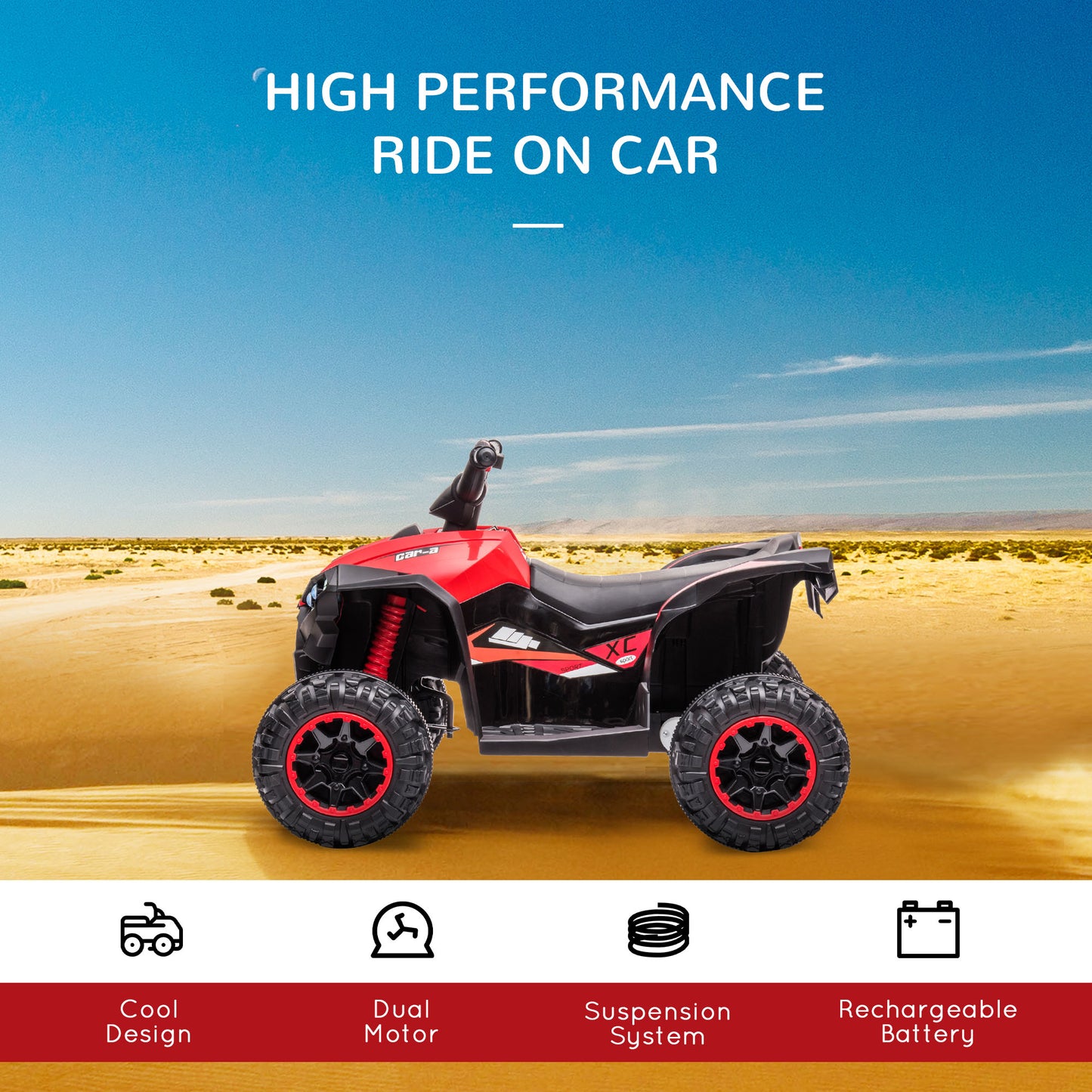 12V Ride-On Quad Bike w/ Music, Horn, for Ages 3-5 Years - Red | HOMCOM-2