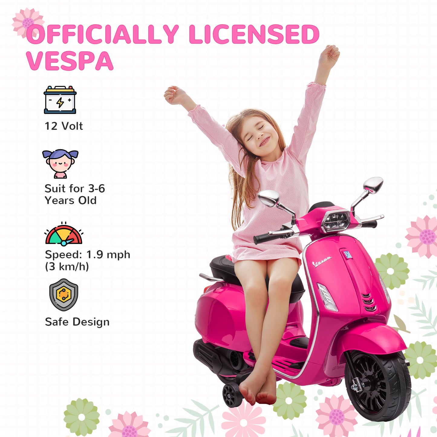12V Vespa Licensed Kids Electric Scooter Motorbike w/ Music, Headlights, FM Radio, for 3-6 Years - Pink | AIYAPLAY-2