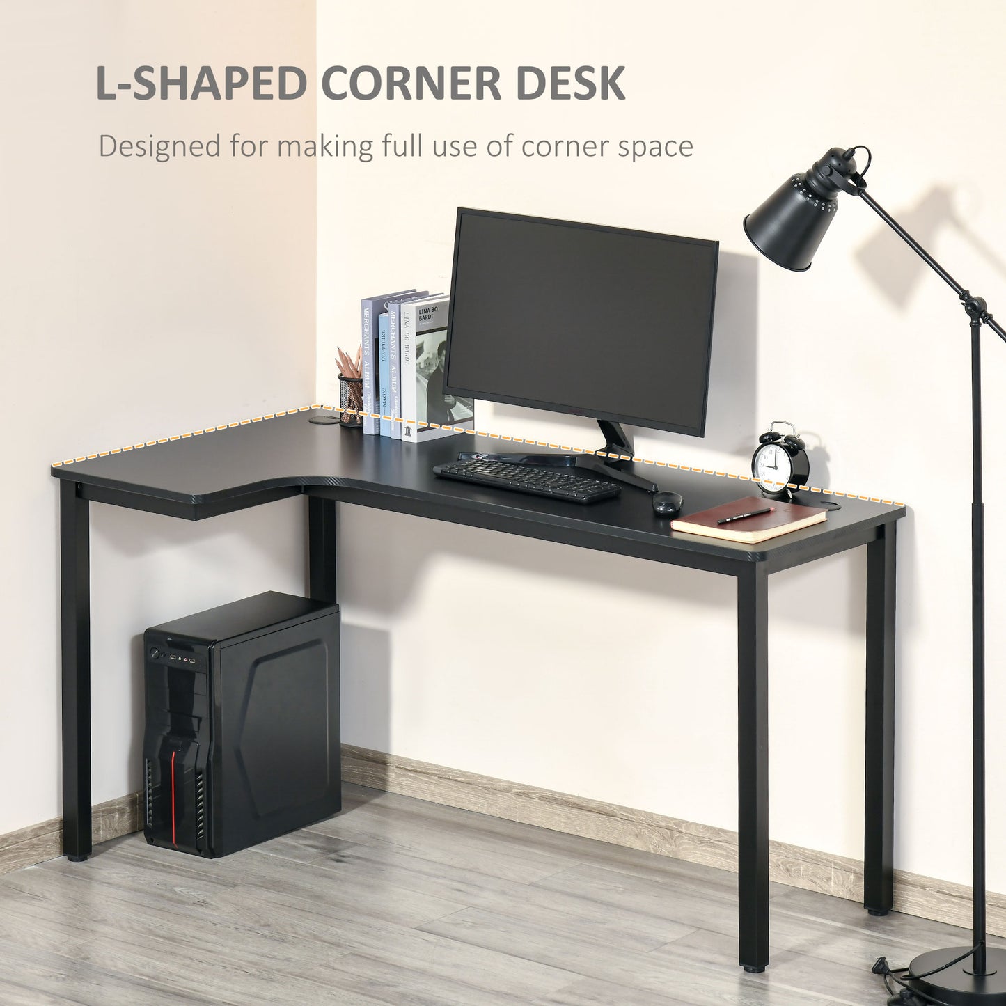 L-Shaped Gaming Desk, Computer Corner Desk with Cable Management, Home Office Workstation, 145 x 81 x 76cm, Black | HOMCOM-2