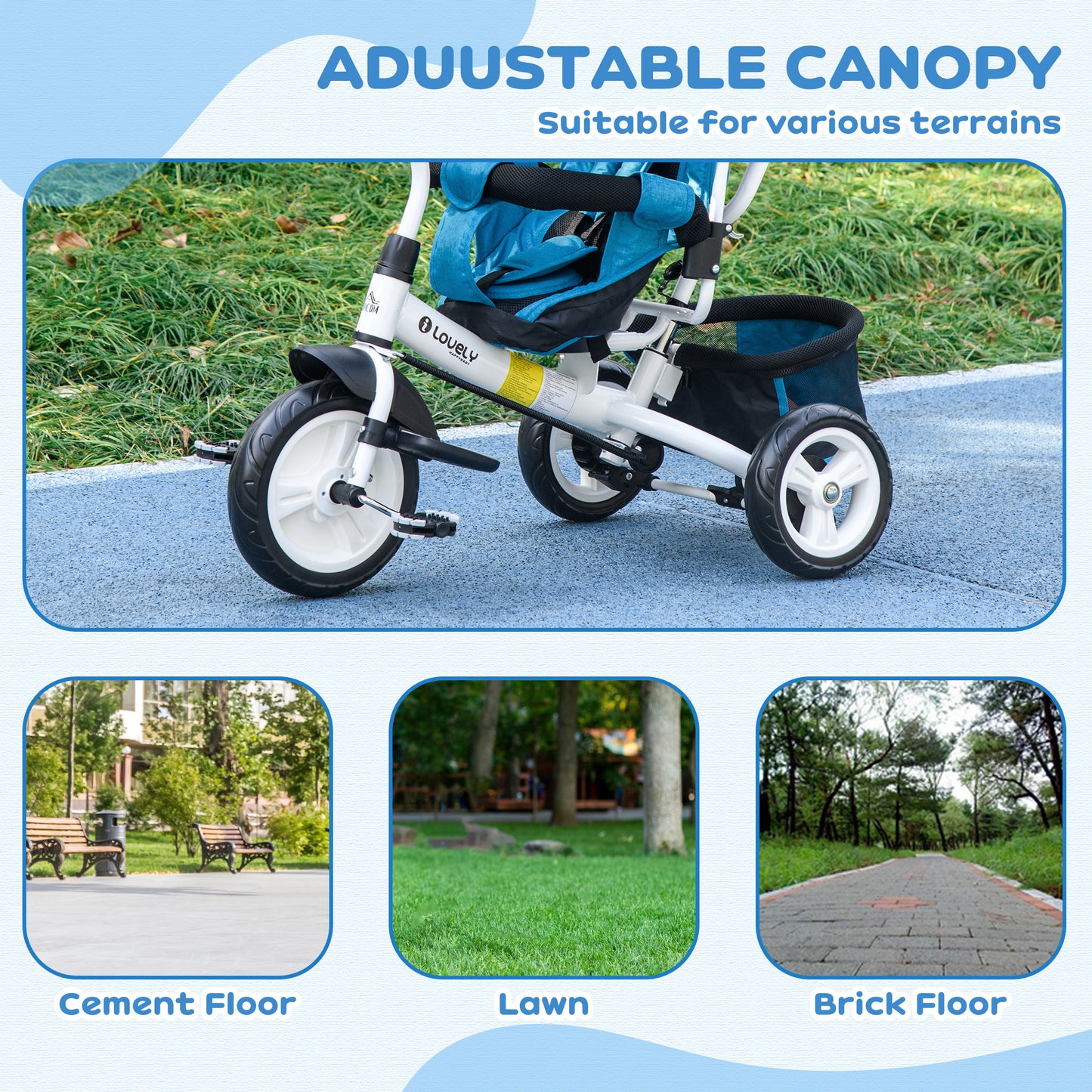 4 in 1 Kids Trike Push Bike w/ Push Handle, Canopy, 5-point Safety Belt, Storage, Footrest, Brake, for 1-5 Years, Blue | HOMCOM-4