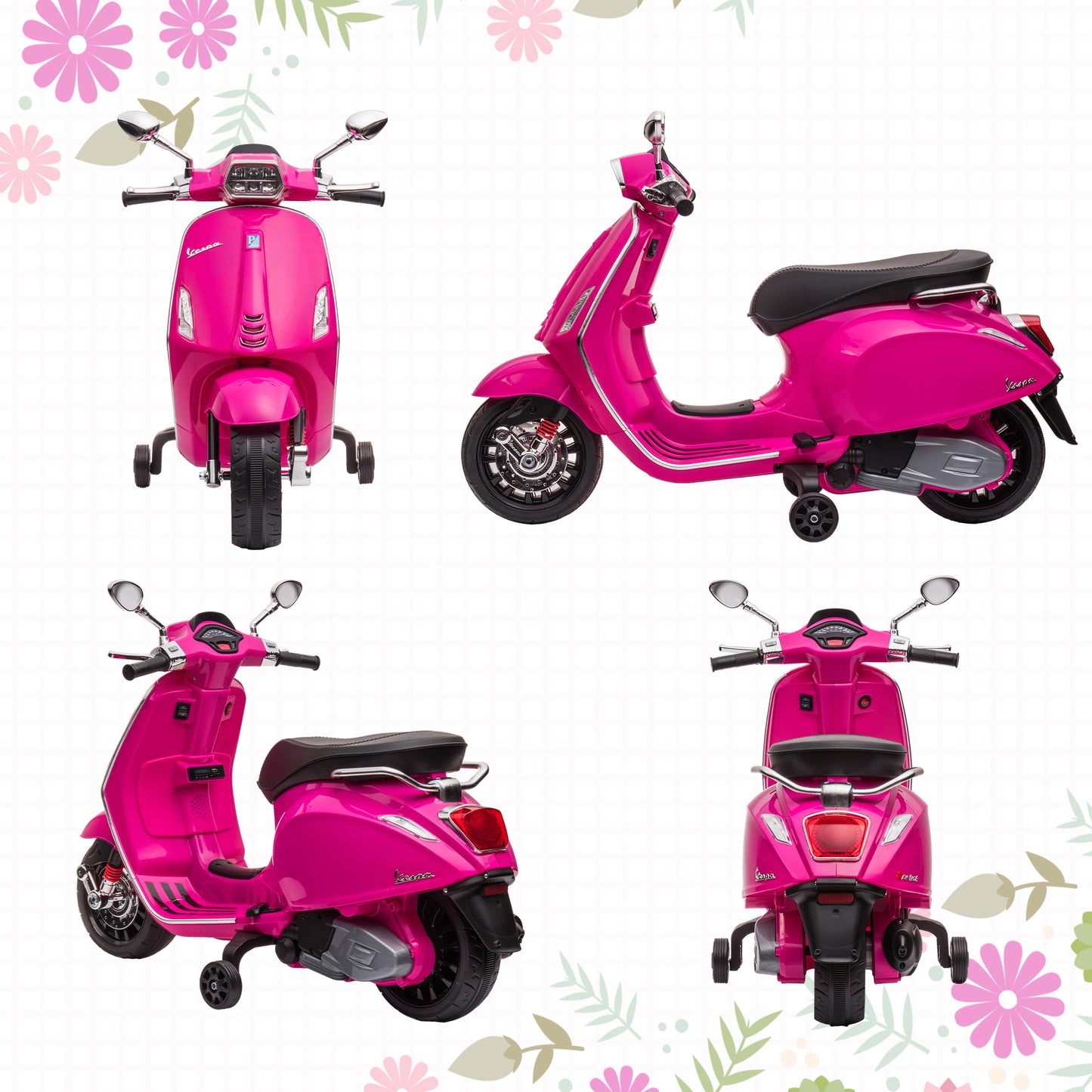12V Vespa Licensed Kids Electric Scooter Motorbike w/ Music, Headlights, FM Radio, for 3-6 Years - Pink | AIYAPLAY-6