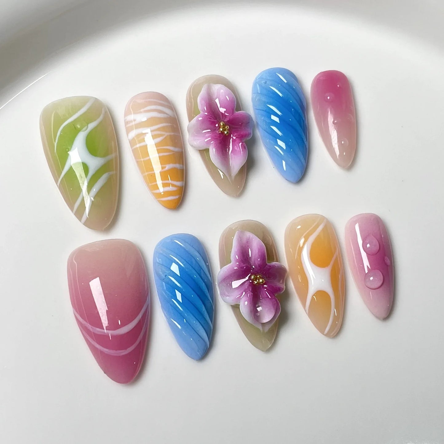 Glossy Almond French Press On Nails Set-4