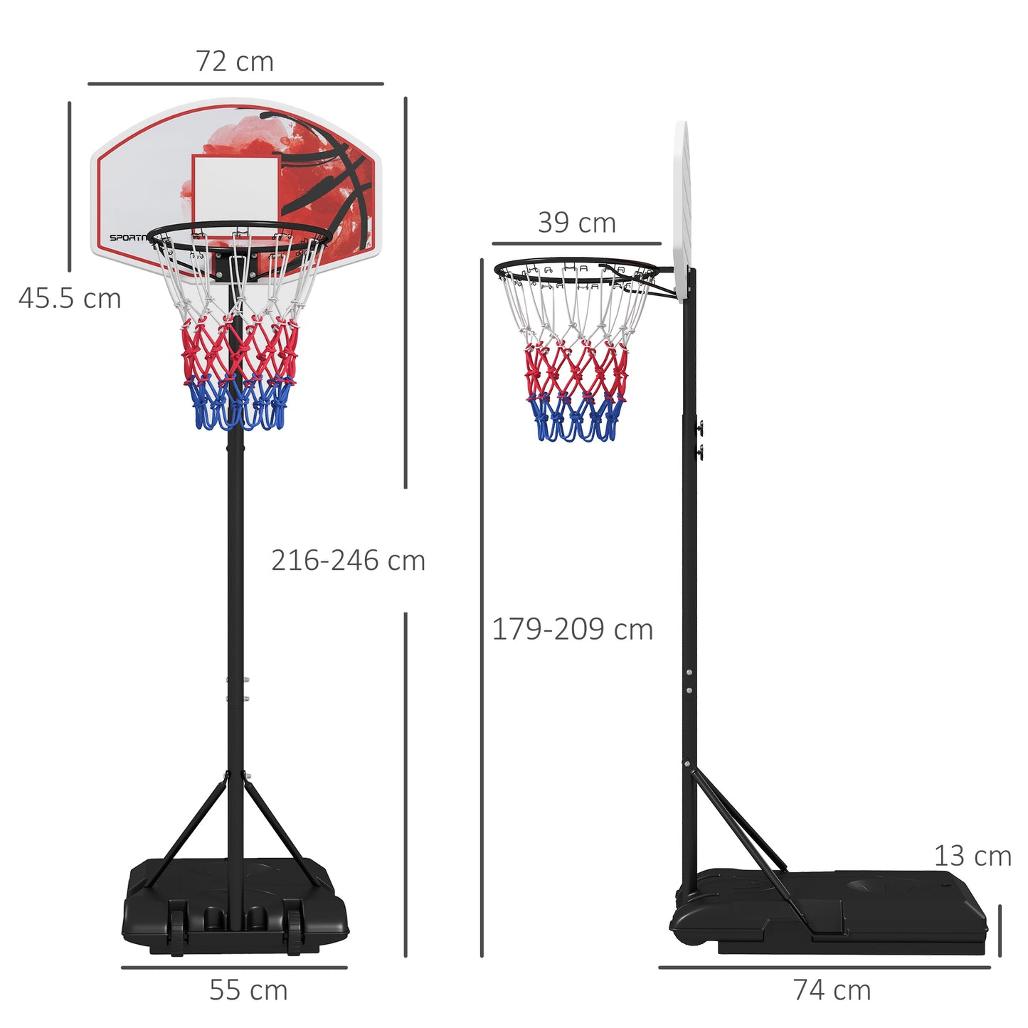 Adjustable Basketball Stand Net System, with Wheels, Enlarged Base, PE, Backboard, 179-209cm | SPORTNOW-1