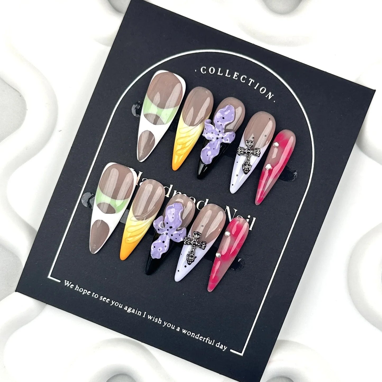 Handmade Blue Green Petals Press On Nails-5