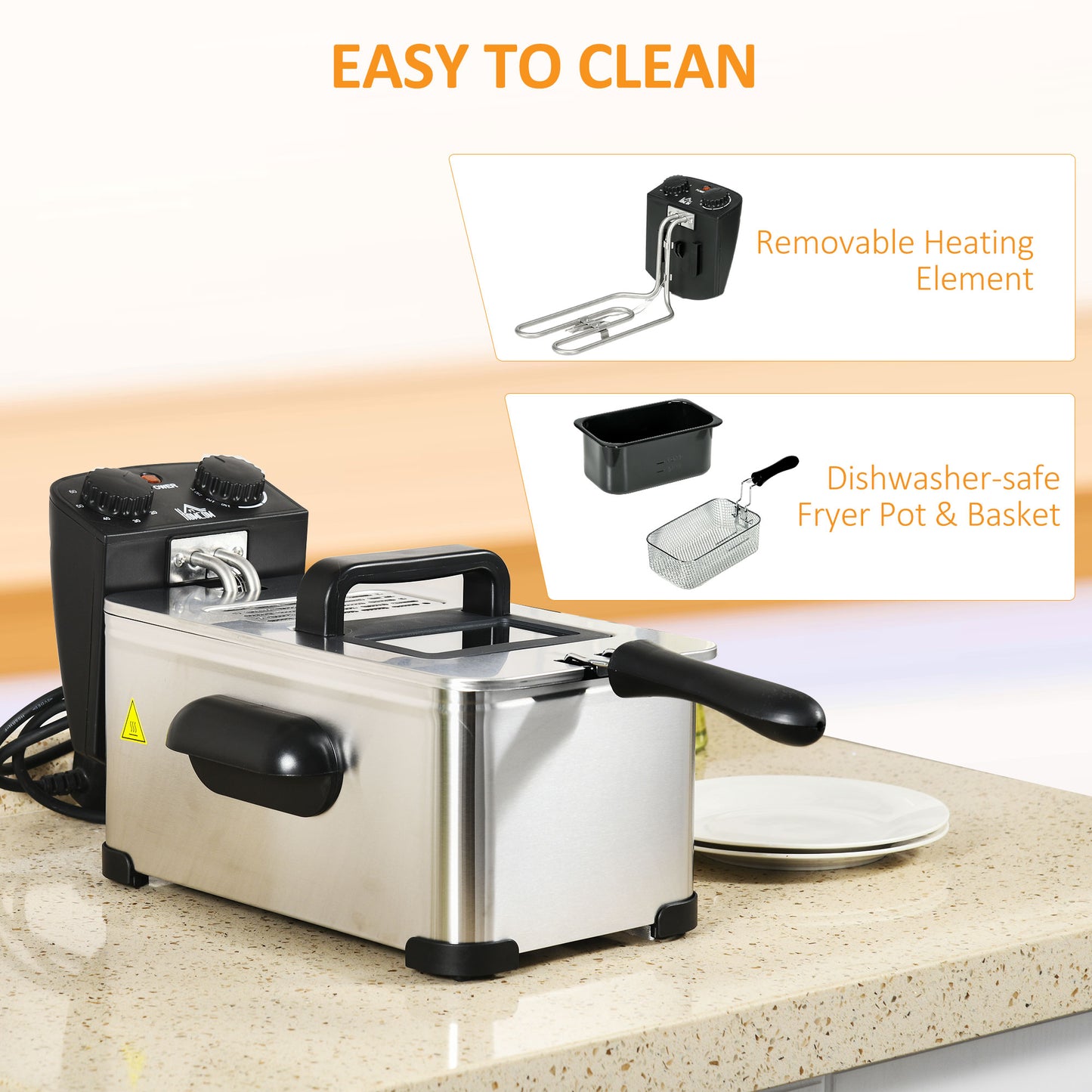 3 Litre Stainless Steel Deep Fat Fryer with Adjustable Temp, 60min Timer, Viewing Window and Safety Cut Out, 2000W | HOMCOM-5