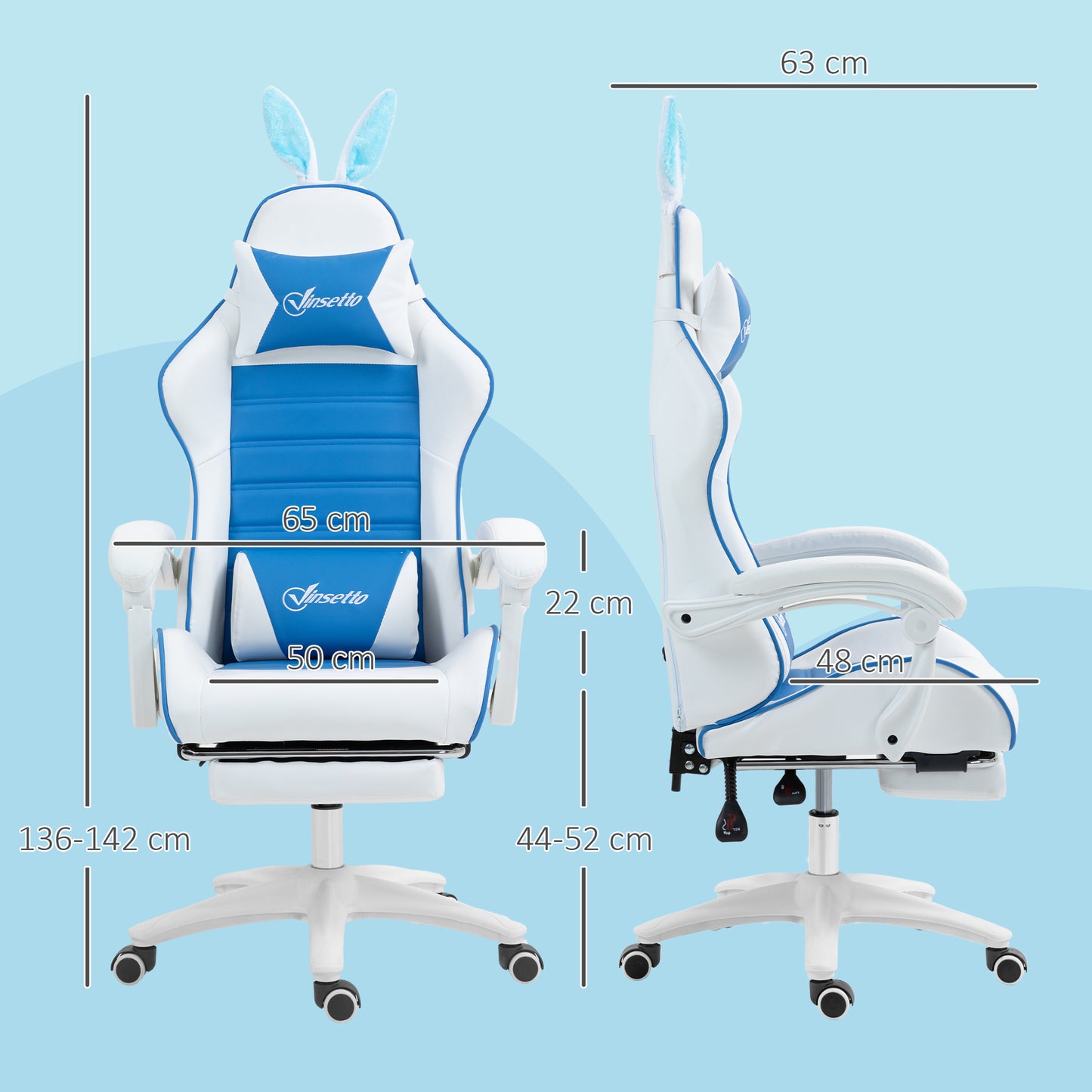 Vinsetto Racing Computer Gaming Chair, Reclining PU Leather Chair with Removable Rabbit Ears, Footrest and Lumber Support in Blue-1
