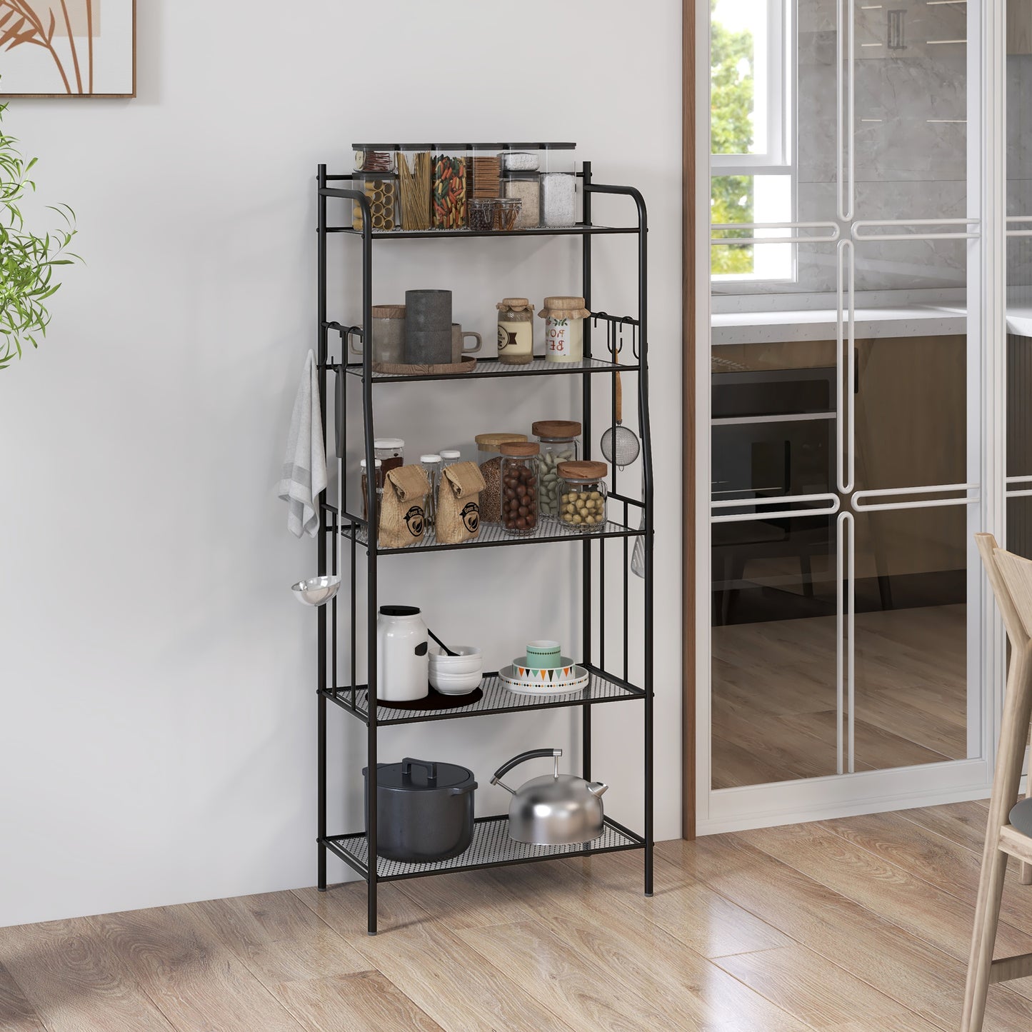 5-Tier Kitchen Storage Unit, Microwave Stand w/ 5 Mesh Open Shelves & 4 Hooks, Modern Coffee Bar Station w/ Steel Frame for Home | HOMCOM-8
