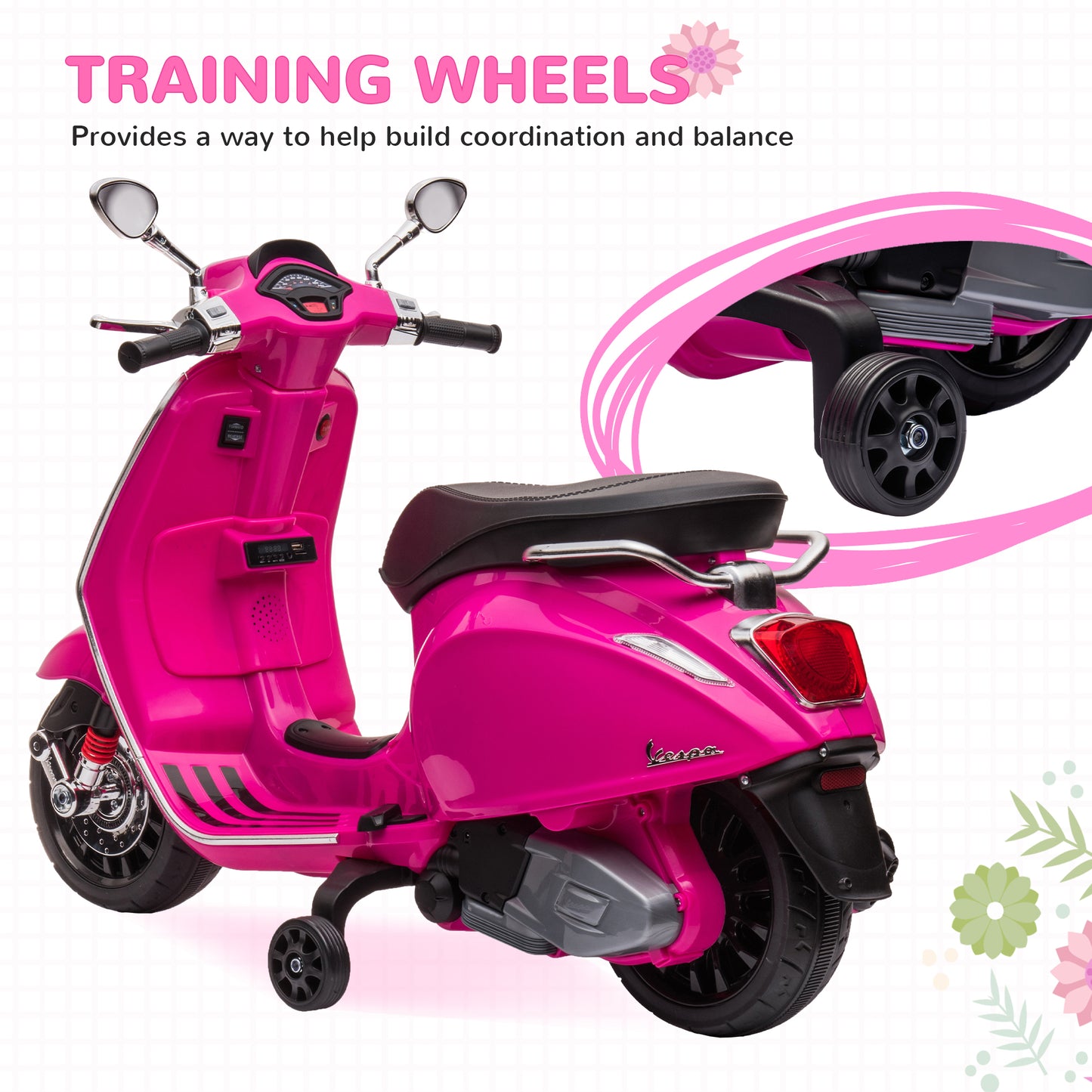 12V Vespa Licensed Kids Electric Scooter Motorbike w/ Music, Headlights, FM Radio, for 3-6 Years - Pink | AIYAPLAY-4