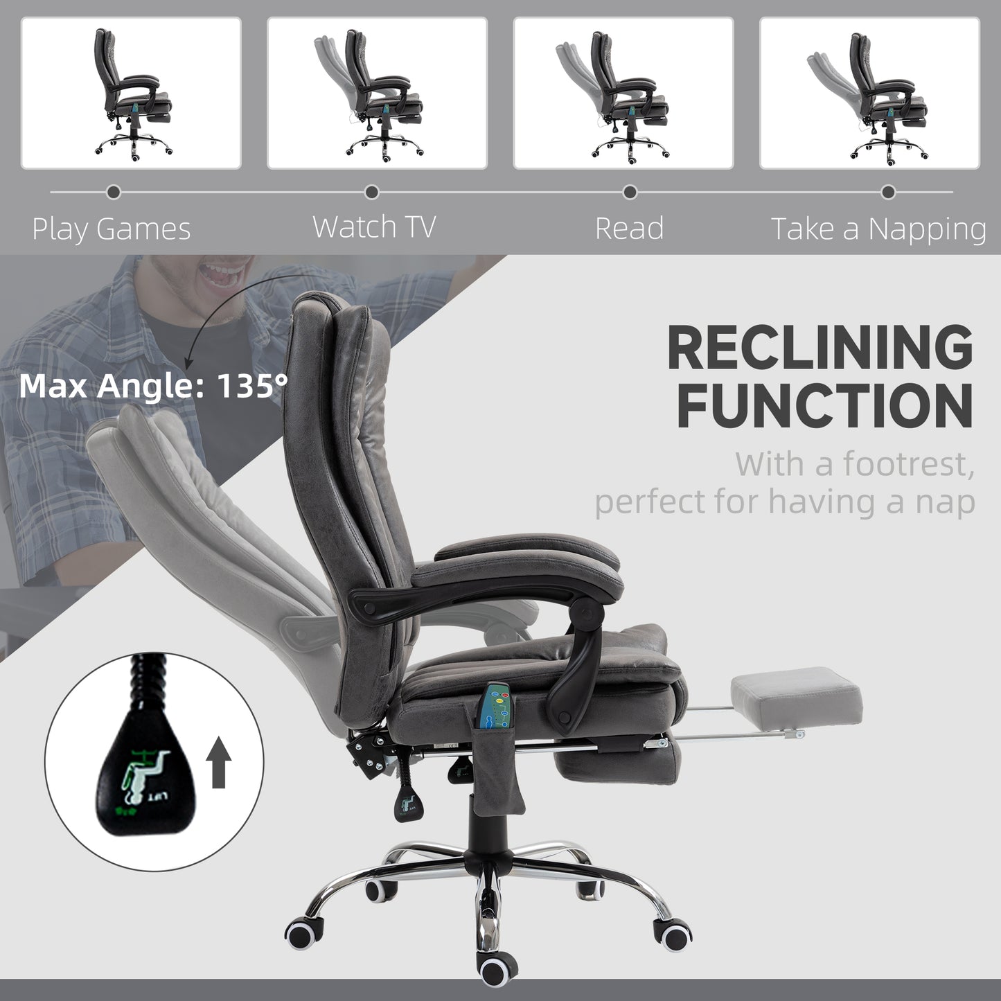 Vinsetto Six-Point Massage Chair, with Heat and Footrest in Dark Grey-6