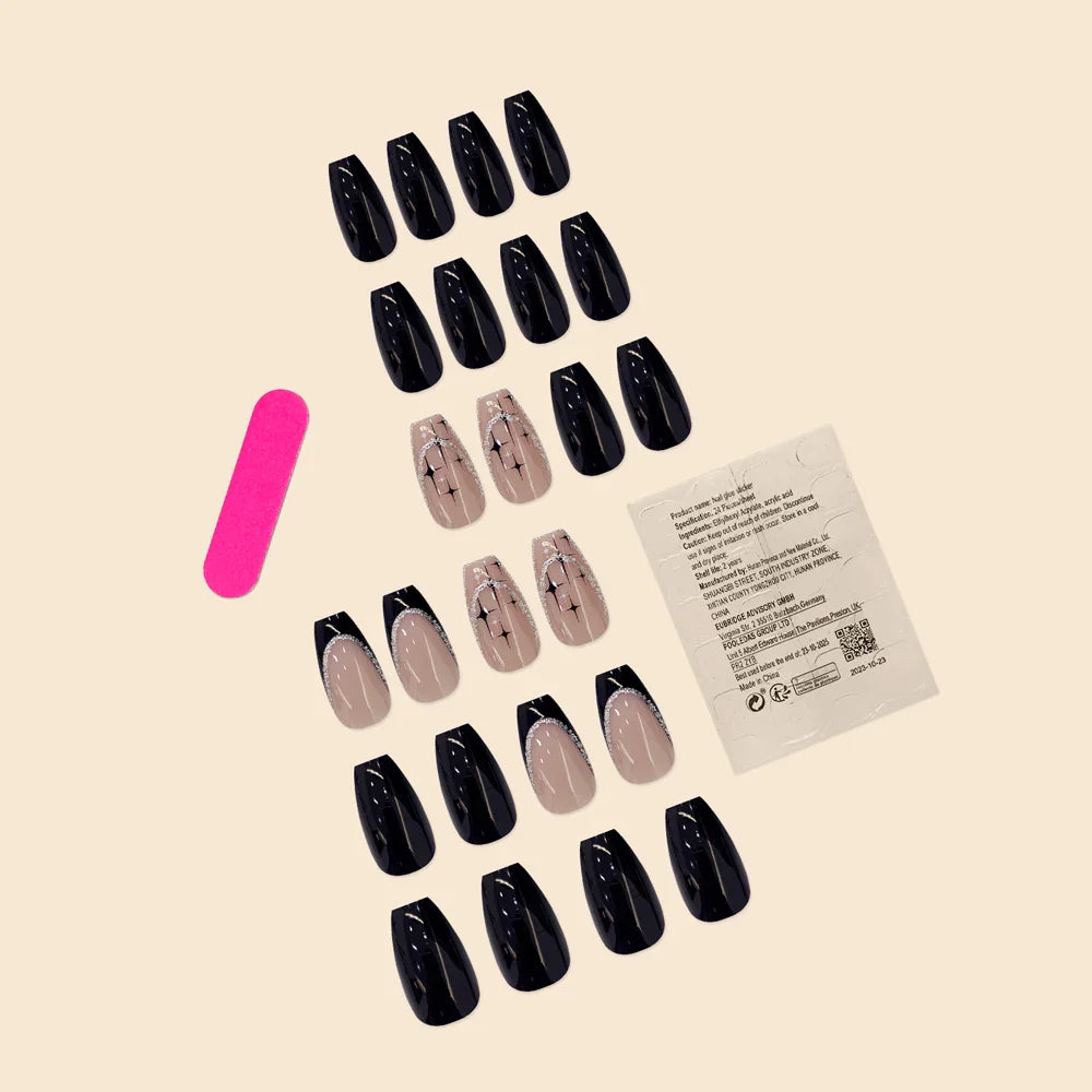 Women Girls 24Pcs/Set Short Coffin Shaped Glitter & Star Nails-1