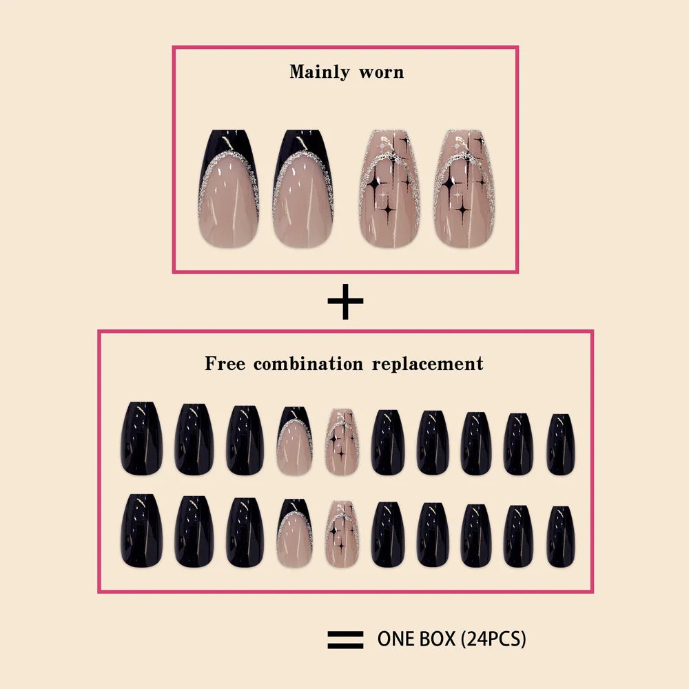 Women Girls 24Pcs/Set Short Coffin Shaped Glitter & Star Nails-2