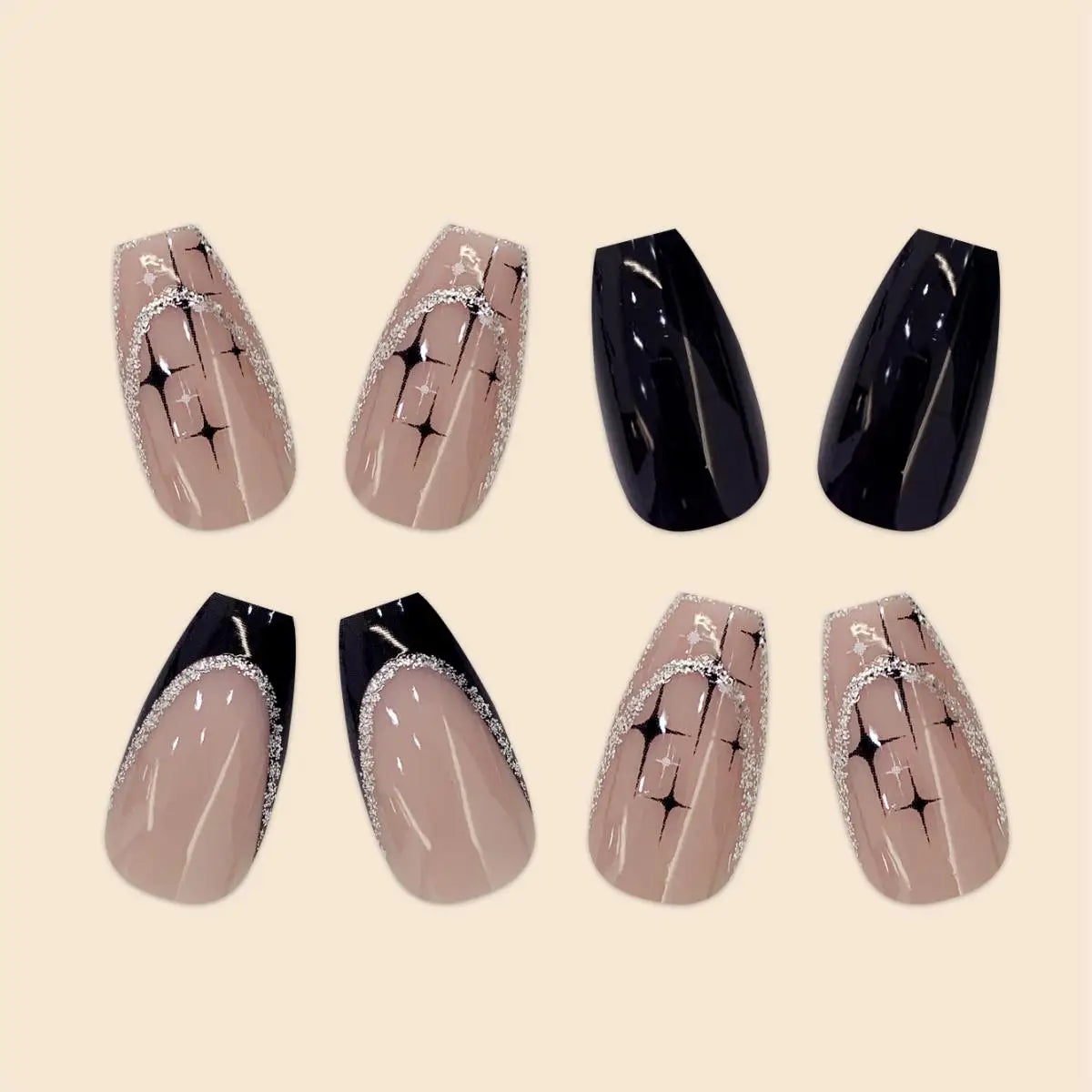 Women Girls 24Pcs/Set Short Coffin Shaped Glitter & Star Nails-3