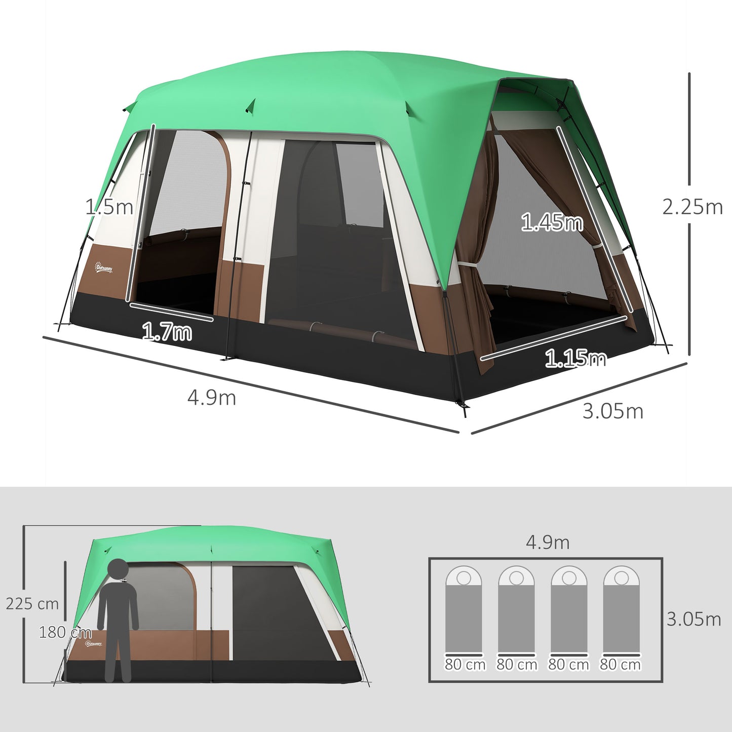 Seven-Man Camping Tent, with Small Rainfly and Accessories in Green | Outsunny-1