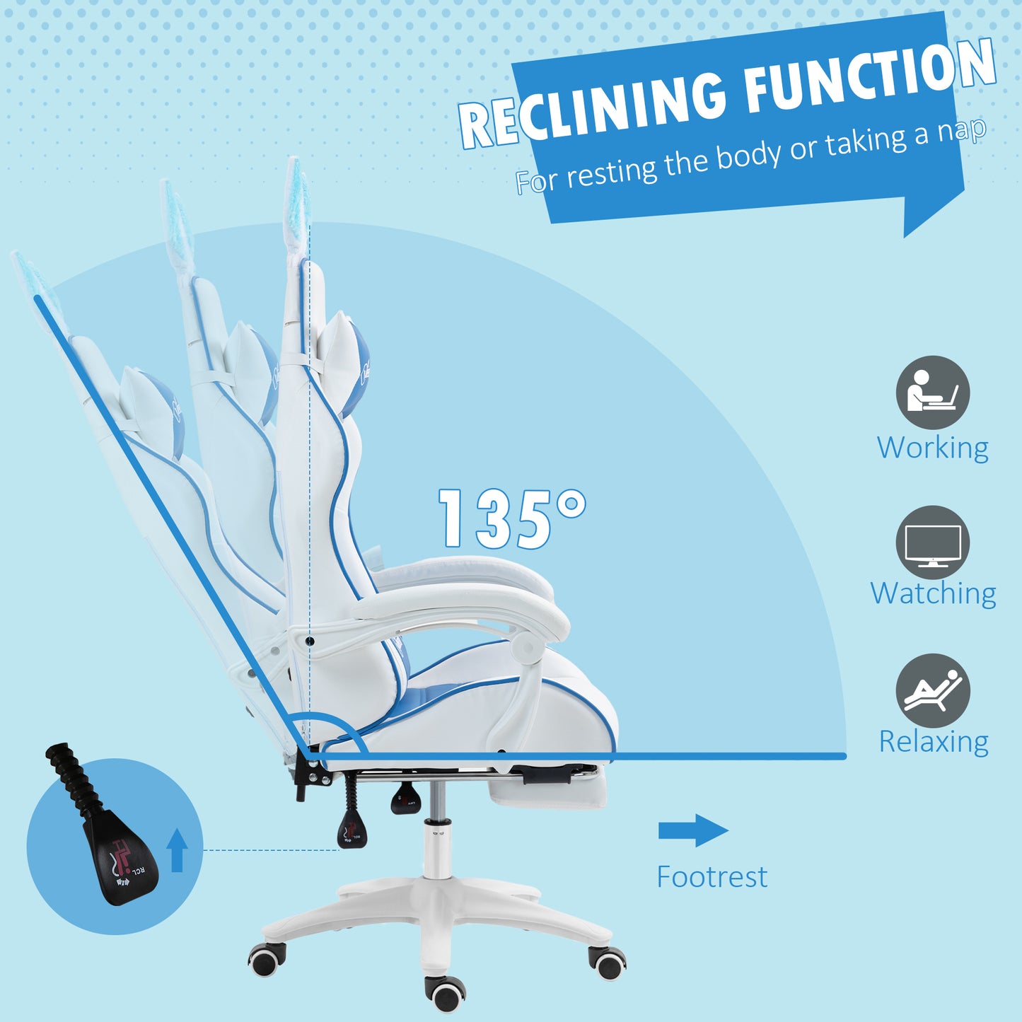 Vinsetto Racing Computer Gaming Chair, Reclining PU Leather Chair with Removable Rabbit Ears, Footrest and Lumber Support in Blue-4