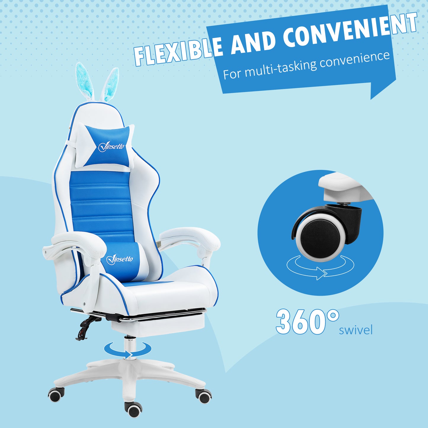 Vinsetto Racing Computer Gaming Chair, Reclining PU Leather Chair with Removable Rabbit Ears, Footrest and Lumber Support in Blue-5