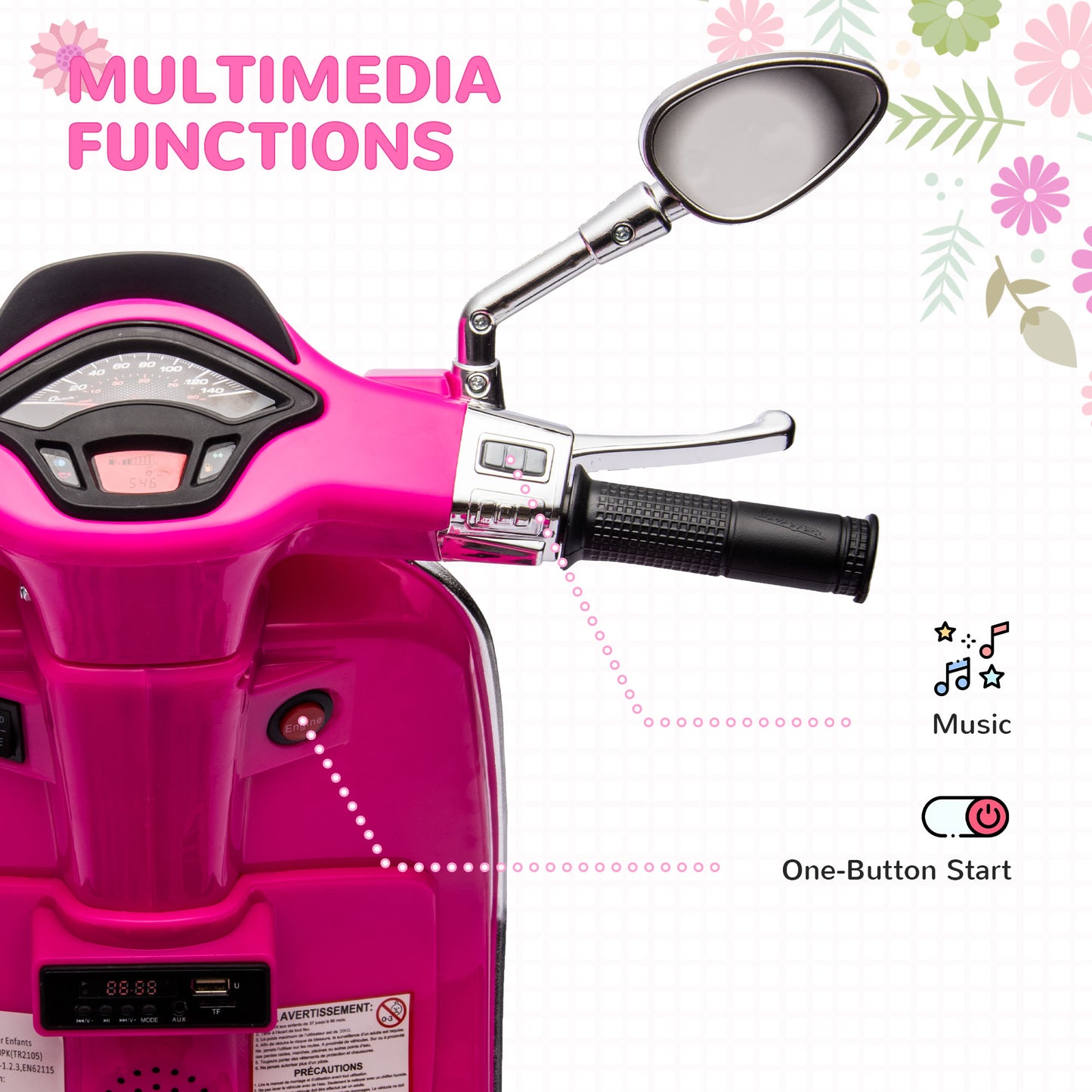 12V Vespa Licensed Kids Electric Scooter Motorbike w/ Music, Headlights, FM Radio, for 3-6 Years - Pink | AIYAPLAY-3