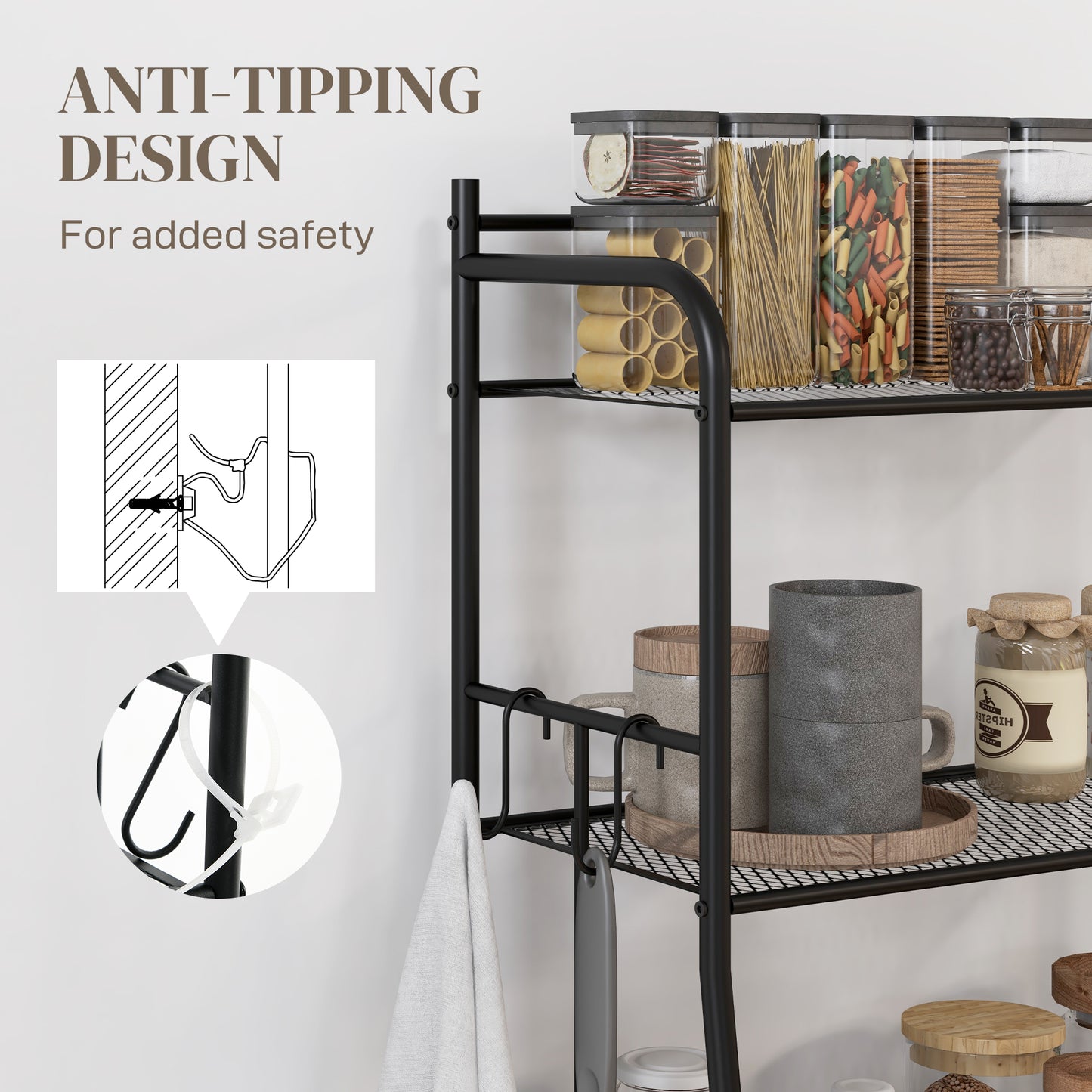 5-Tier Kitchen Storage Unit, Microwave Stand w/ 5 Mesh Open Shelves & 4 Hooks, Modern Coffee Bar Station w/ Steel Frame for Home | HOMCOM-4