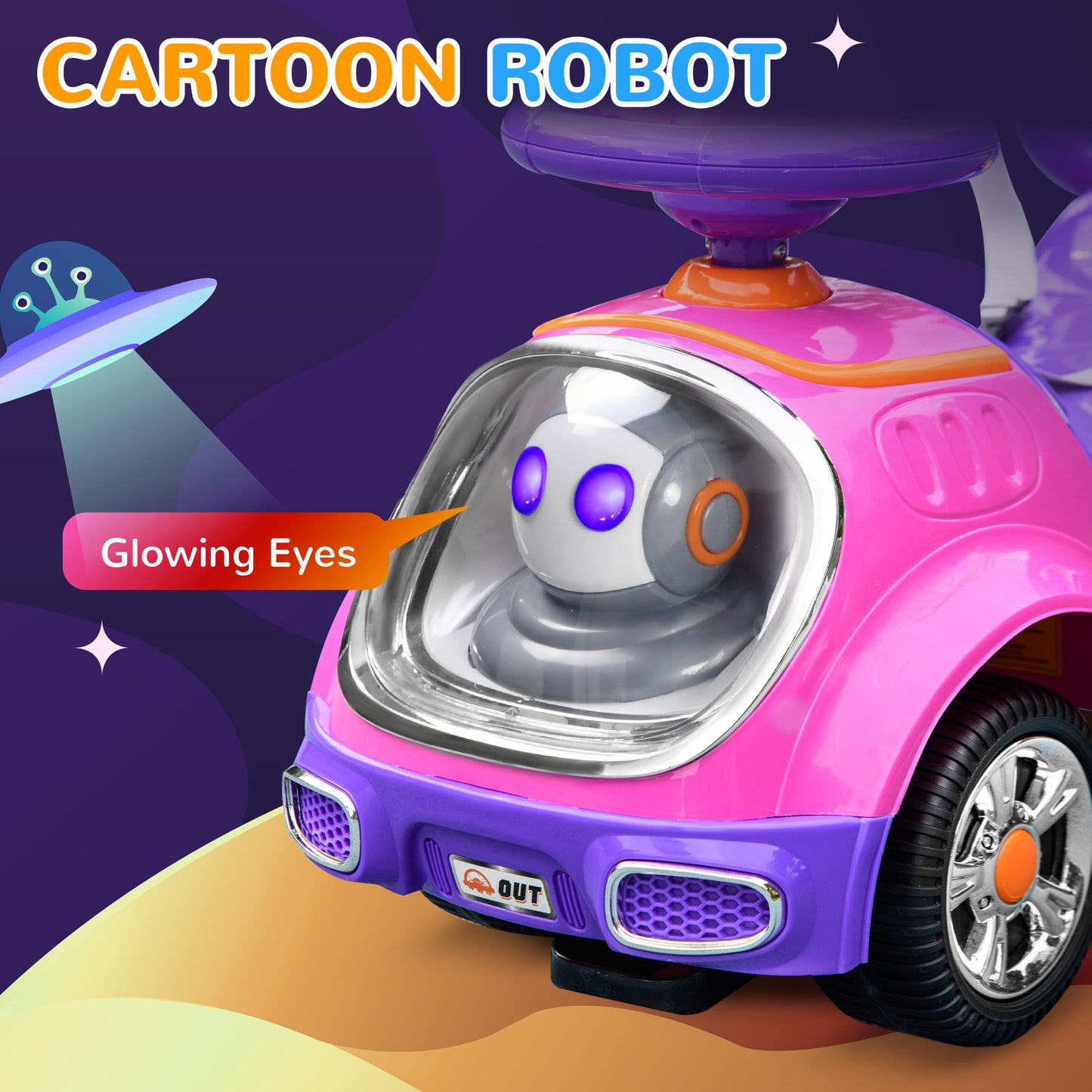 AIYAPLAY 3 in 1 Ride on Push Car, Cartoon Robot Theme Foot to Floor Slider with Handle Light Music Horn, Storage in Pink-3