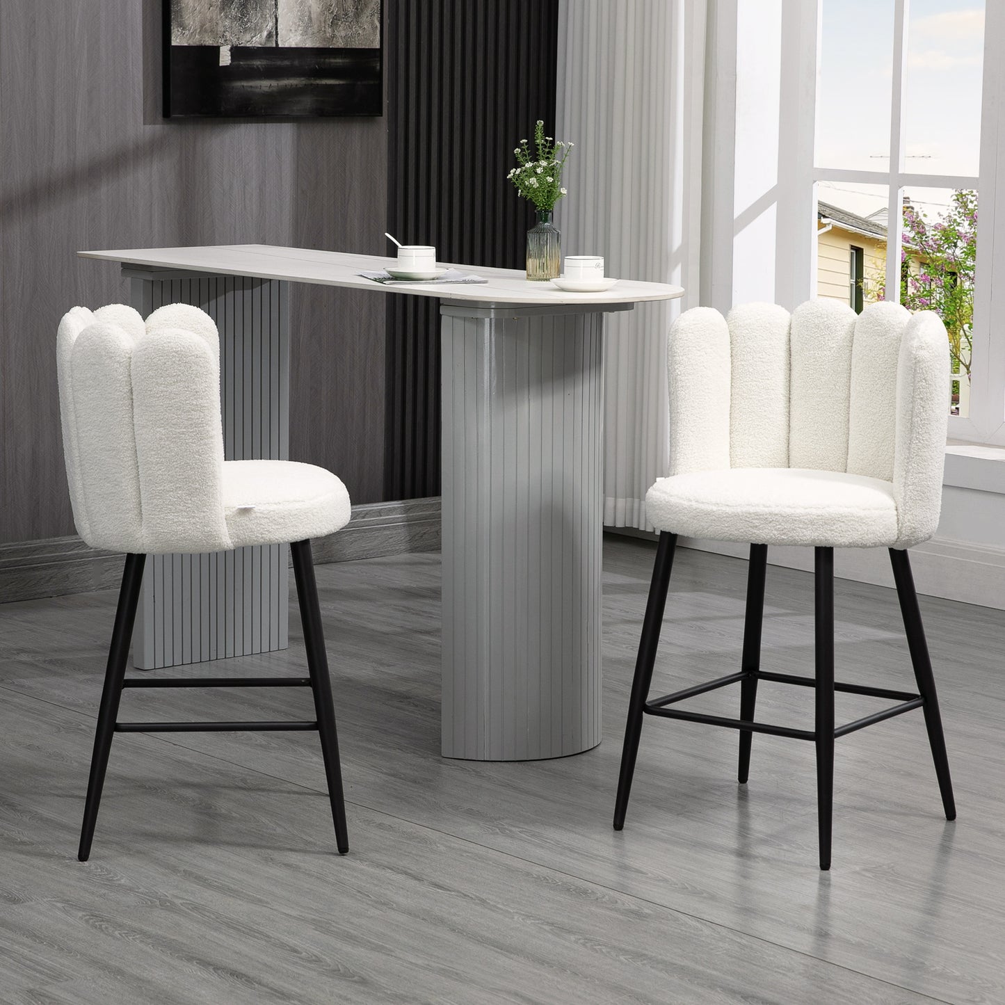 Bar Stools Set of 2, Faux Cashmere Upholstered Breakfast Bar Chairs, Modern Counter Bar Stool w/ Backs, Footrest & Steel Base, Cream | HOMCOM-8