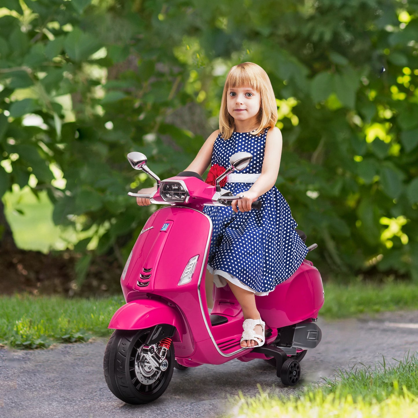 12V Vespa Licensed Kids Electric Scooter Motorbike w/ Music, Headlights, FM Radio, for 3-6 Years - Pink | AIYAPLAY-8