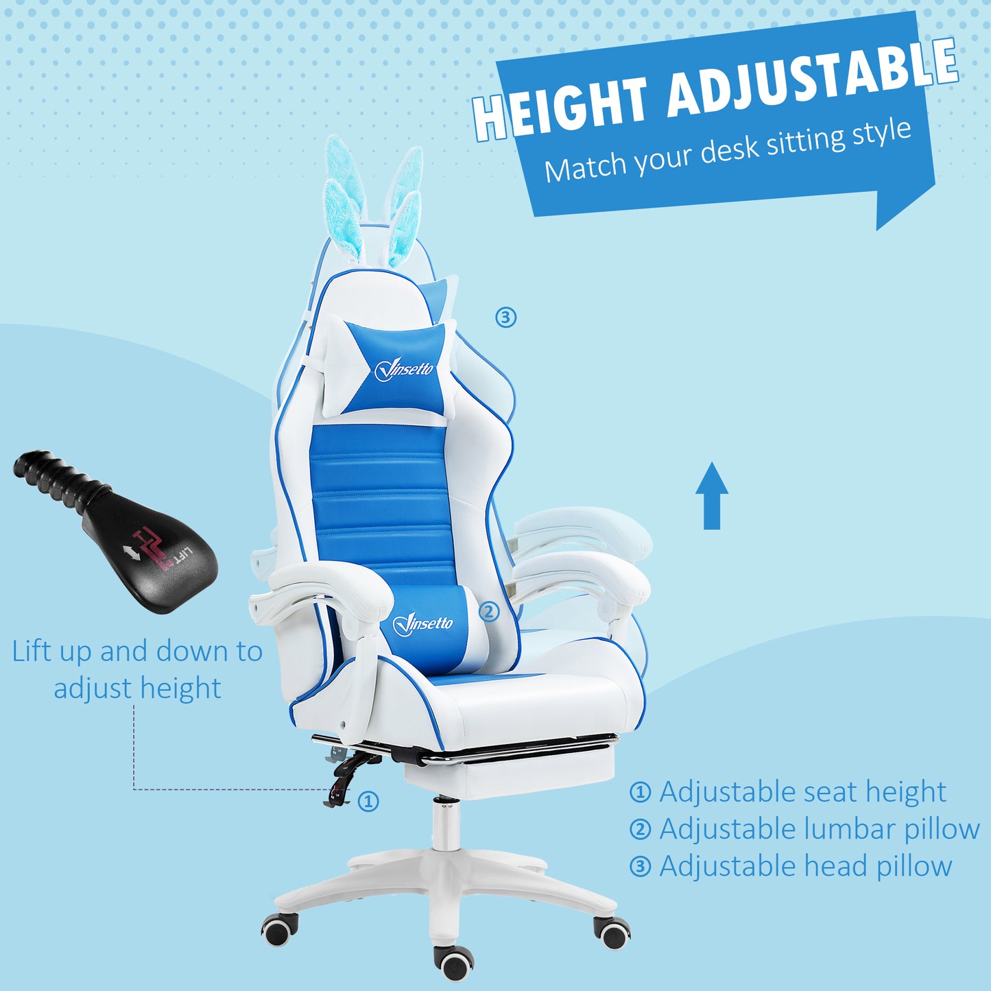 Vinsetto Racing Computer Gaming Chair, Reclining PU Leather Chair with Removable Rabbit Ears, Footrest and Lumber Support in Blue-3