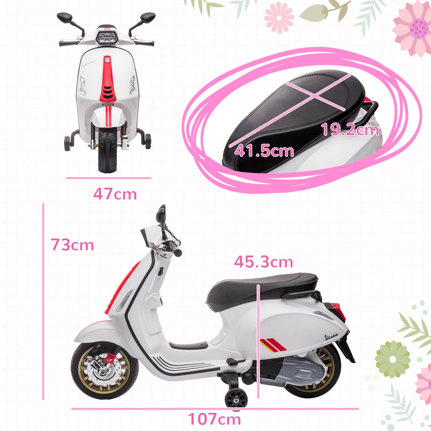 AIYAPLAY 12V Vespa Licensed Kids Electric Scooter Motorbike with Music, Headlights, FM Radio, for 3-6 Years in White-1