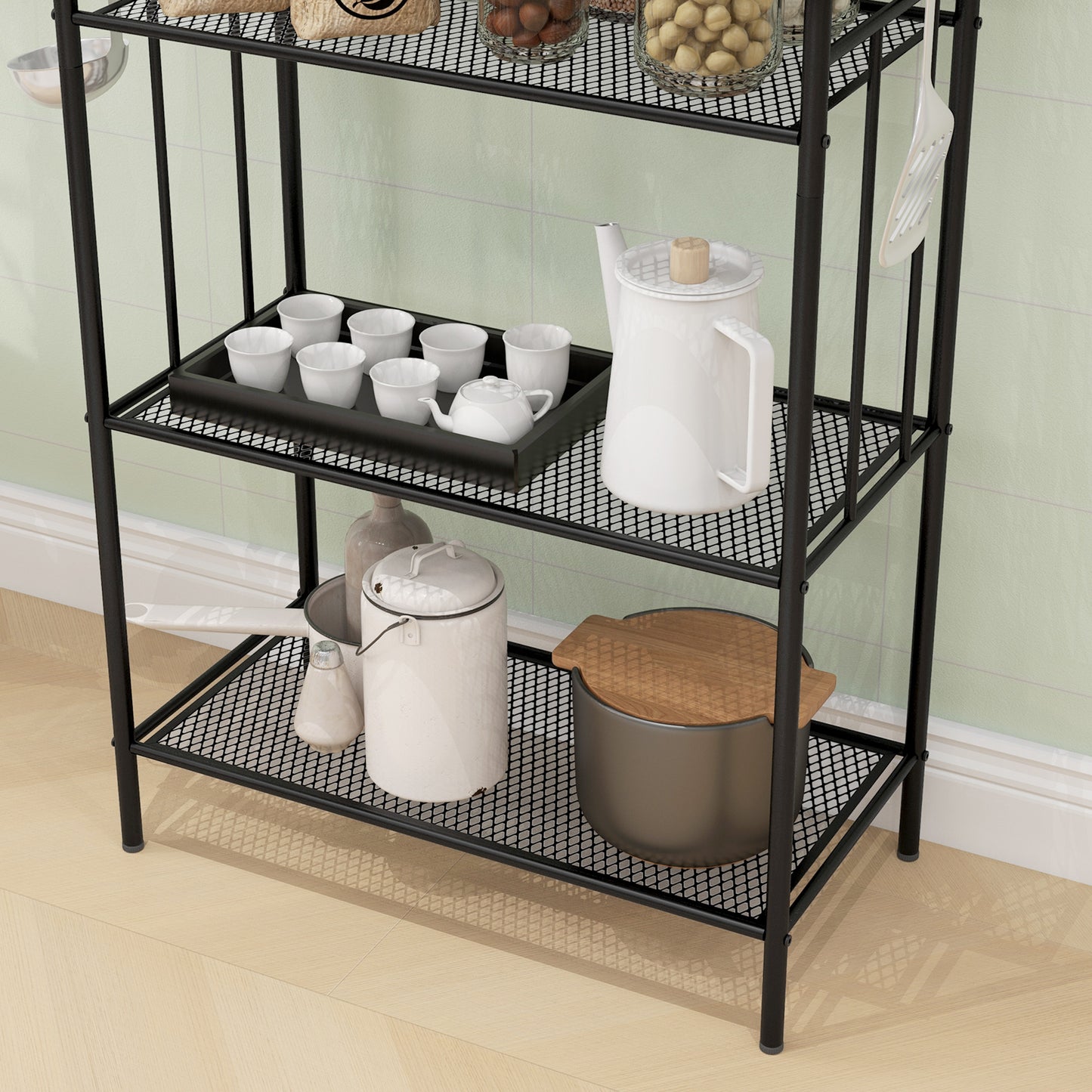 5-Tier Kitchen Storage Unit, Microwave Stand w/ 5 Mesh Open Shelves & 4 Hooks, Modern Coffee Bar Station w/ Steel Frame for Home | HOMCOM-7