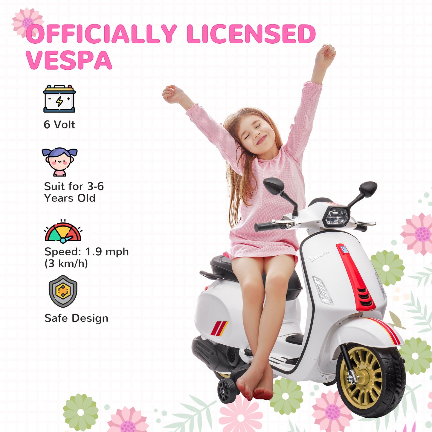 AIYAPLAY 12V Vespa Licensed Kids Electric Scooter Motorbike with Music, Headlights, FM Radio, for 3-6 Years in White-2