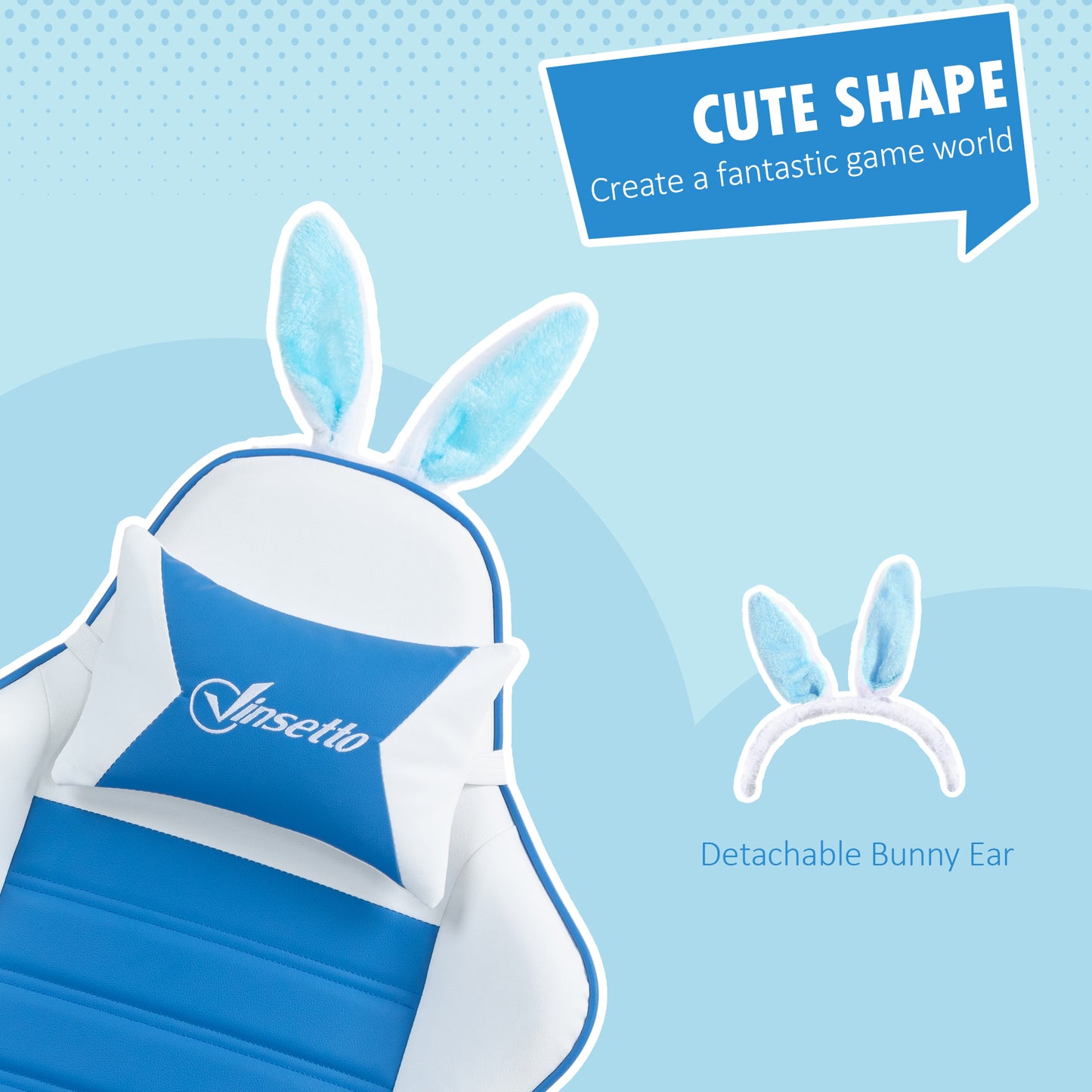 Vinsetto Racing Computer Gaming Chair, Reclining PU Leather Chair with Removable Rabbit Ears, Footrest and Lumber Support in Blue-2