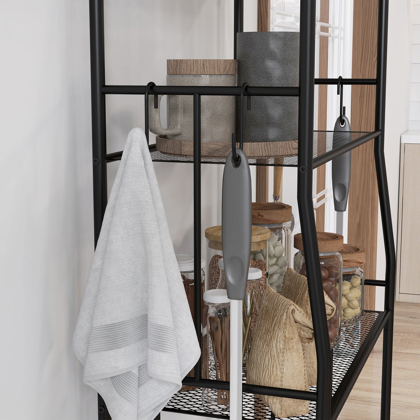 5-Tier Kitchen Storage Unit, Microwave Stand w/ 5 Mesh Open Shelves & 4 Hooks, Modern Coffee Bar Station w/ Steel Frame for Home | HOMCOM-5