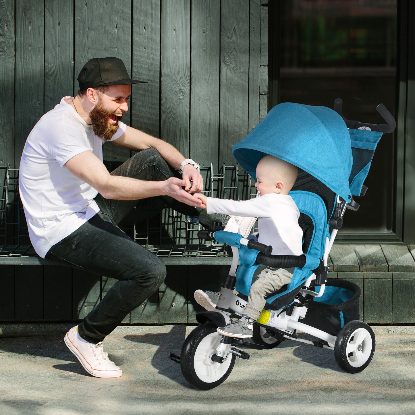 4 in 1 Kids Trike Push Bike w/ Push Handle, Canopy, 5-point Safety Belt, Storage, Footrest, Brake, for 1-5 Years, Blue | HOMCOM-8